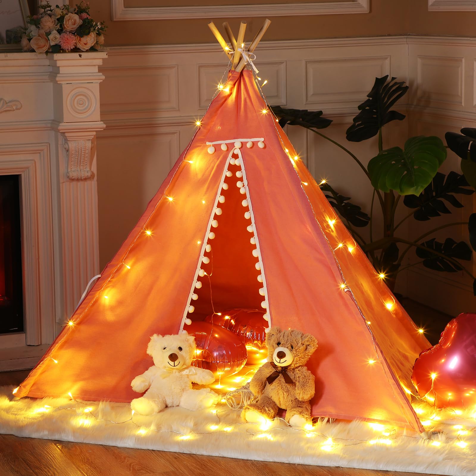 **Windyun 4-Piece Kids Teepee Tent with LED Lights - Foldable Cotton Linen Play Tent for Girls & Boys - Indoor Outdoor Slumber Party, Sleepover & Playroom Decor (Pink)**    *(Perfect for Birthday Parties, Nursery Room Decor, Camping Adventures & Cozy Playtime!)*