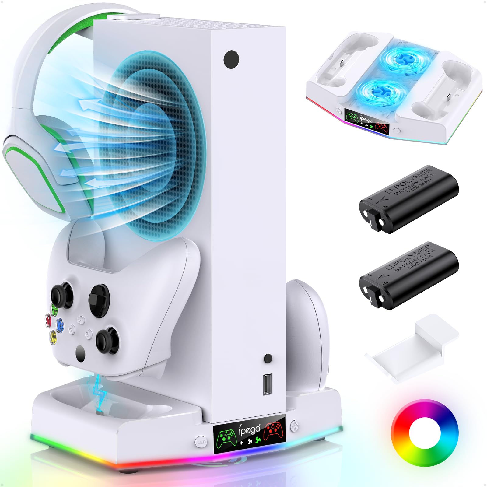Xbox Series S Charging Station - Vertical Controller Dock with 15 RGB Lights, Cooling Fan System, 2X 1400mAh Rechargeable Batteries & Headset Holder - Perfect for Gaming Setup & Accessories Organization