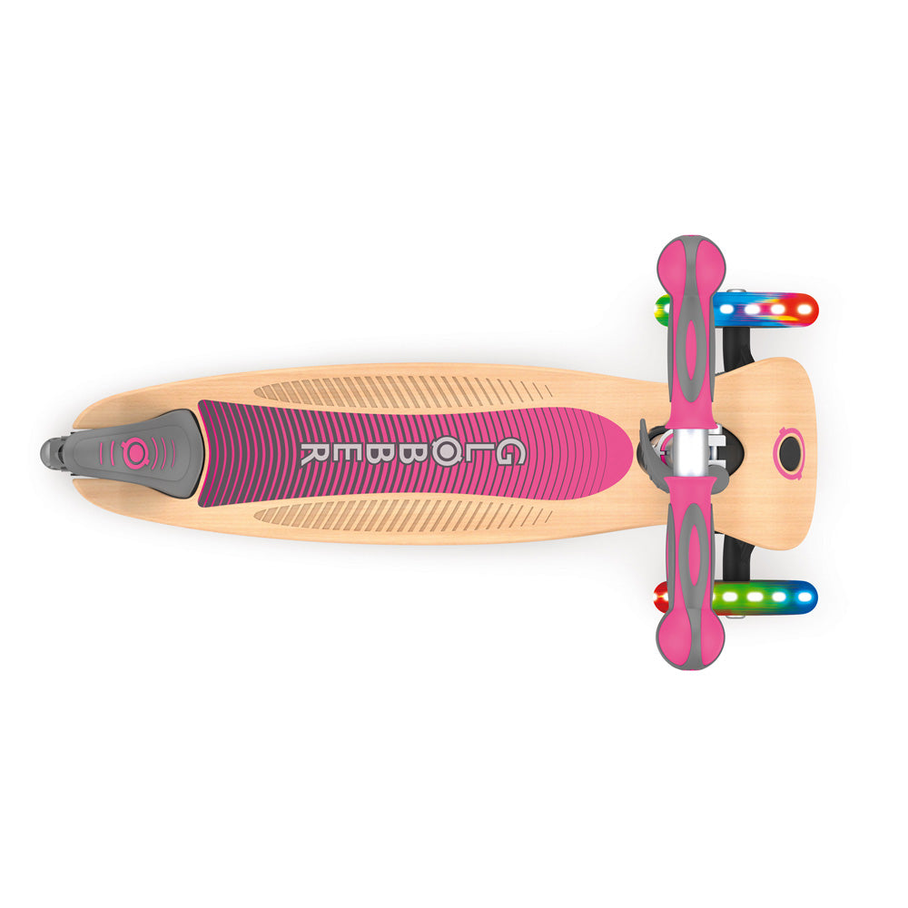 Globber 3 Wheel Primo Foldable Wooden Scooter with LED Lights - Perfect for Kids Outdoor Play, Commuting & Neighborhood Rides