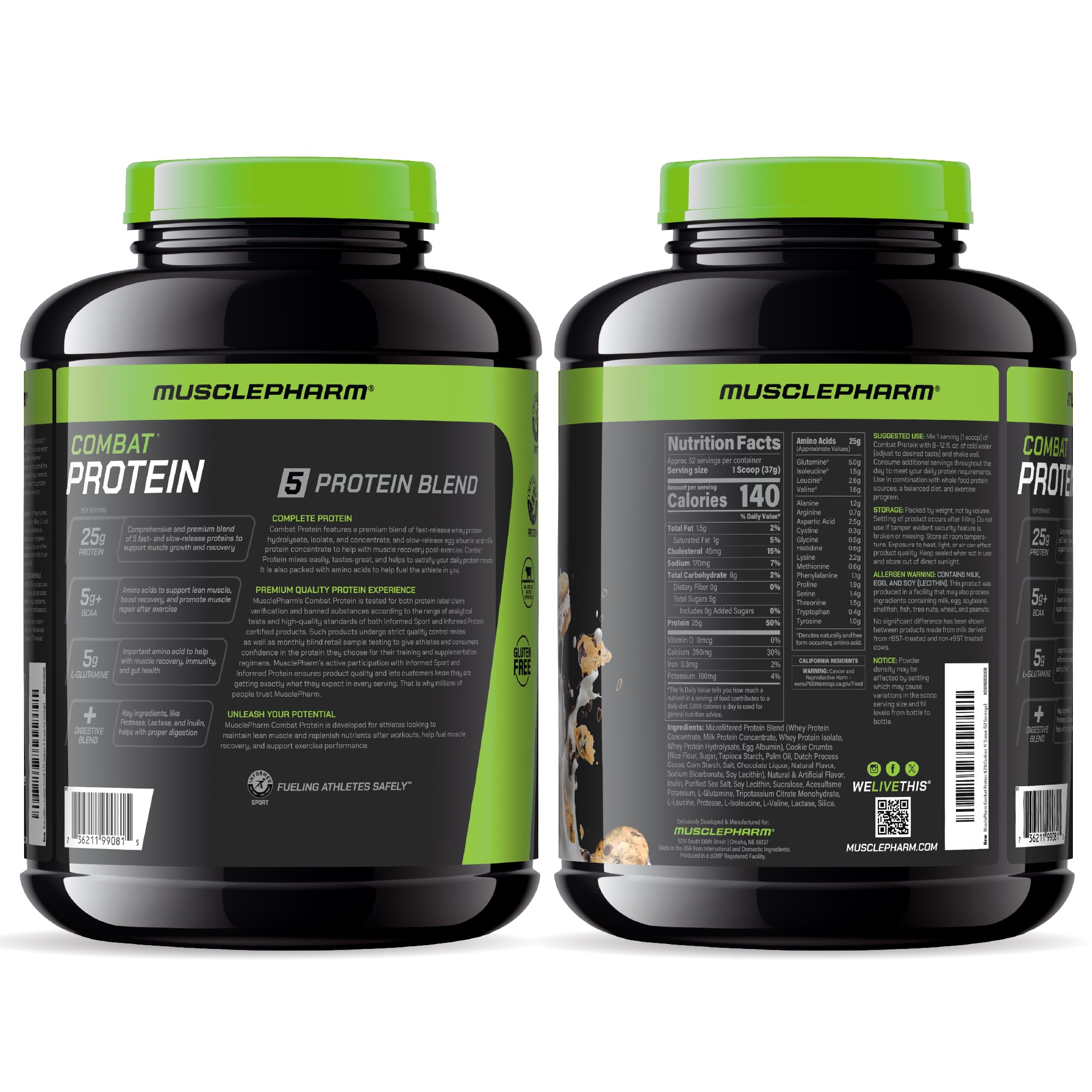 MusclePharm Combat Protein Powder - Cookies 'N' Cream Flavor | 5 Protein Sources (Whey Isolate & Egg Albumin) | Gluten Free | 4lb (52 Servings) | Post-Workout Recovery & Muscle Growth Supplement for Athletes & Fitness Enthusiasts
