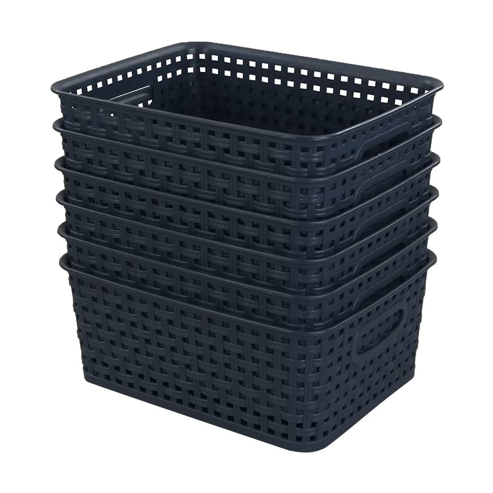 Sandmovie Plastic Weave Storage Baskets - 6 Pack Navy Blue Organizer Bins for Kitchen, Bathroom, Closet & Office - Space Saving Home Organization Solution