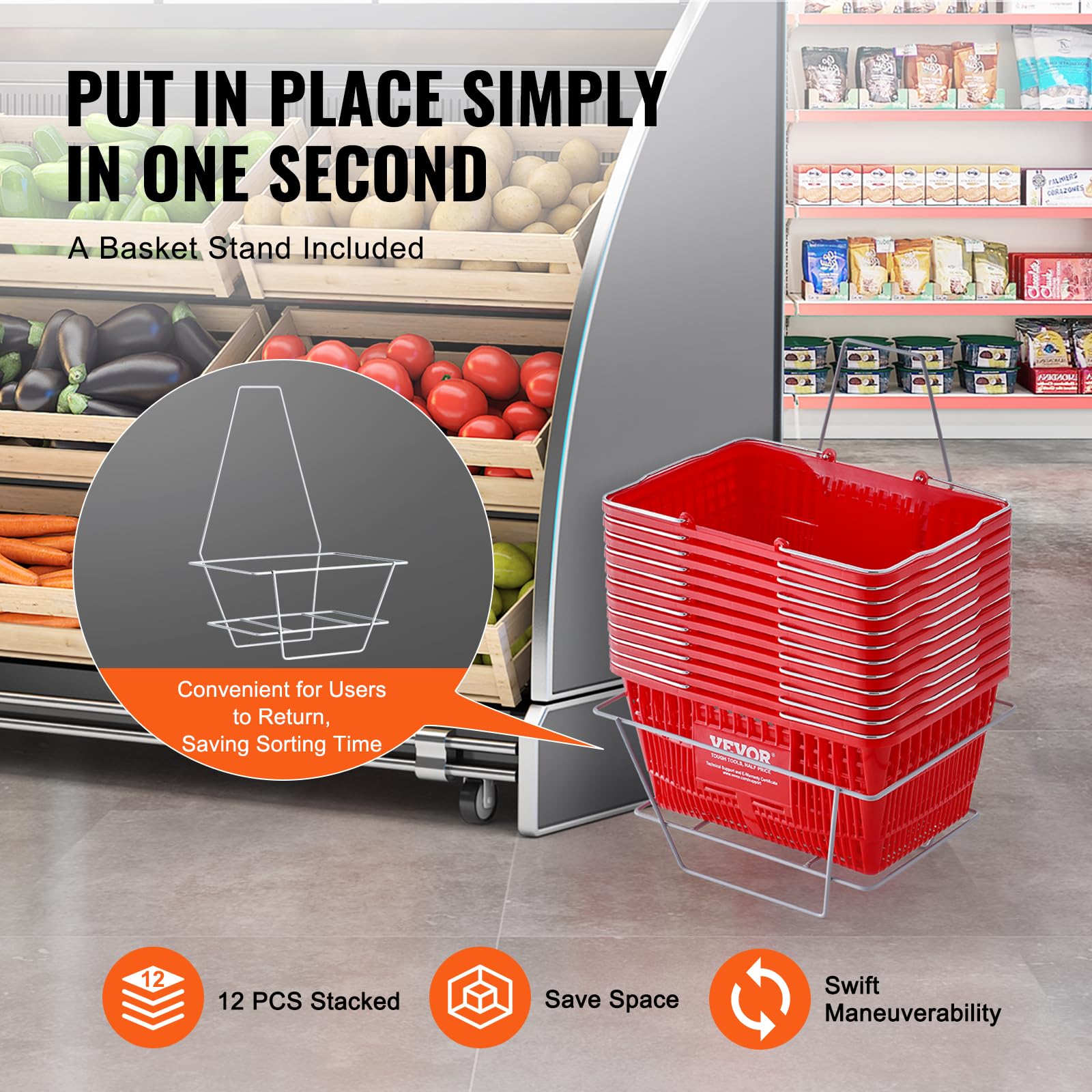 VEVOR 12-Pack Durable Plastic Shopping Baskets with Metal Handle & Stand, 21L Capacity (16.73