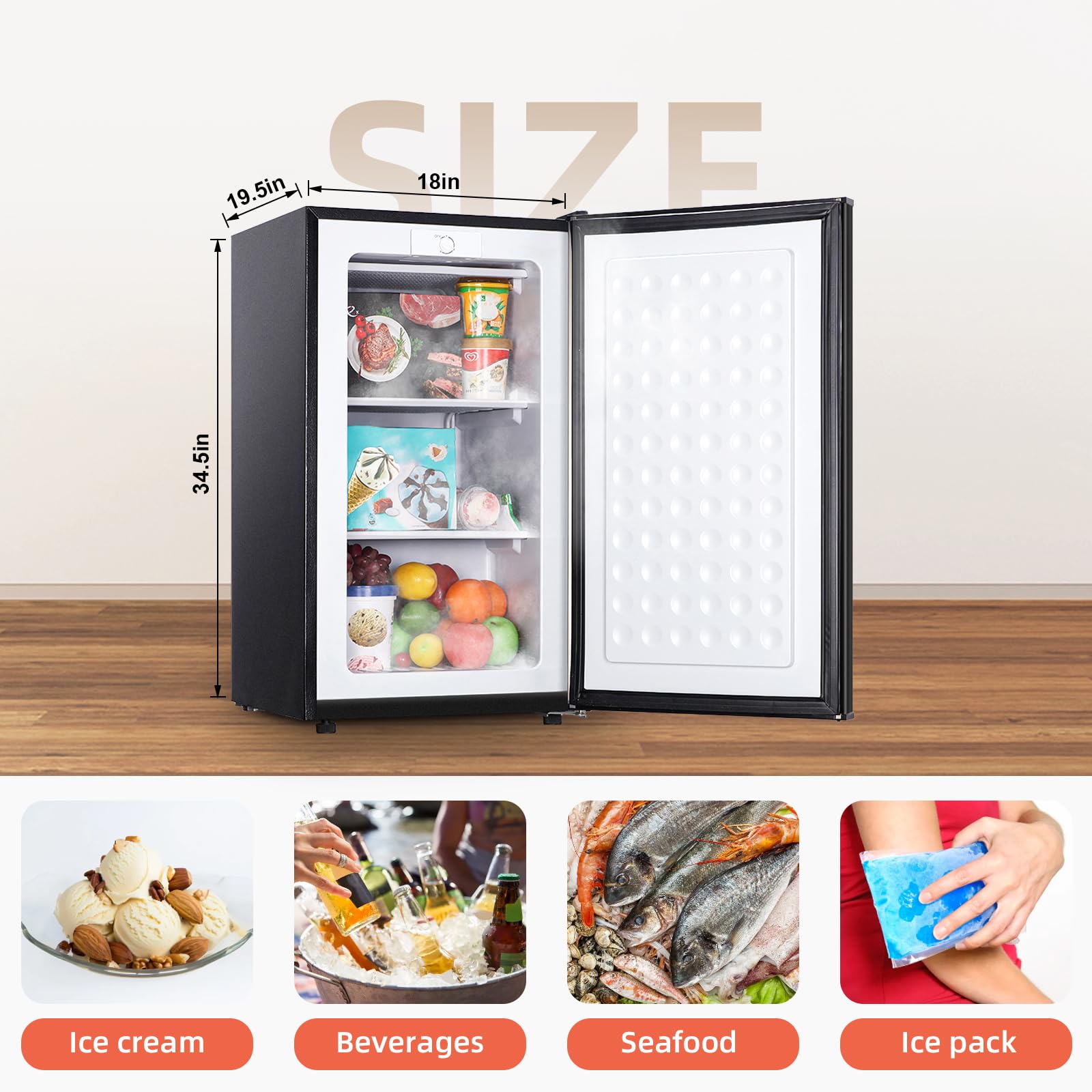 3.5 Cu.ft Black Upright Freezer - Compact Mini Deep Freezer with Stainless Steel Reversible Door, 3 Adjustable Temperature Settings (23°F to -13°F), Ultra Quiet Stand Up Freezer for Apartment, Bedroom, Dorm, Kitchen - Perfect for Storing Frozen Foods, Ice Cream, and Meal Prep
