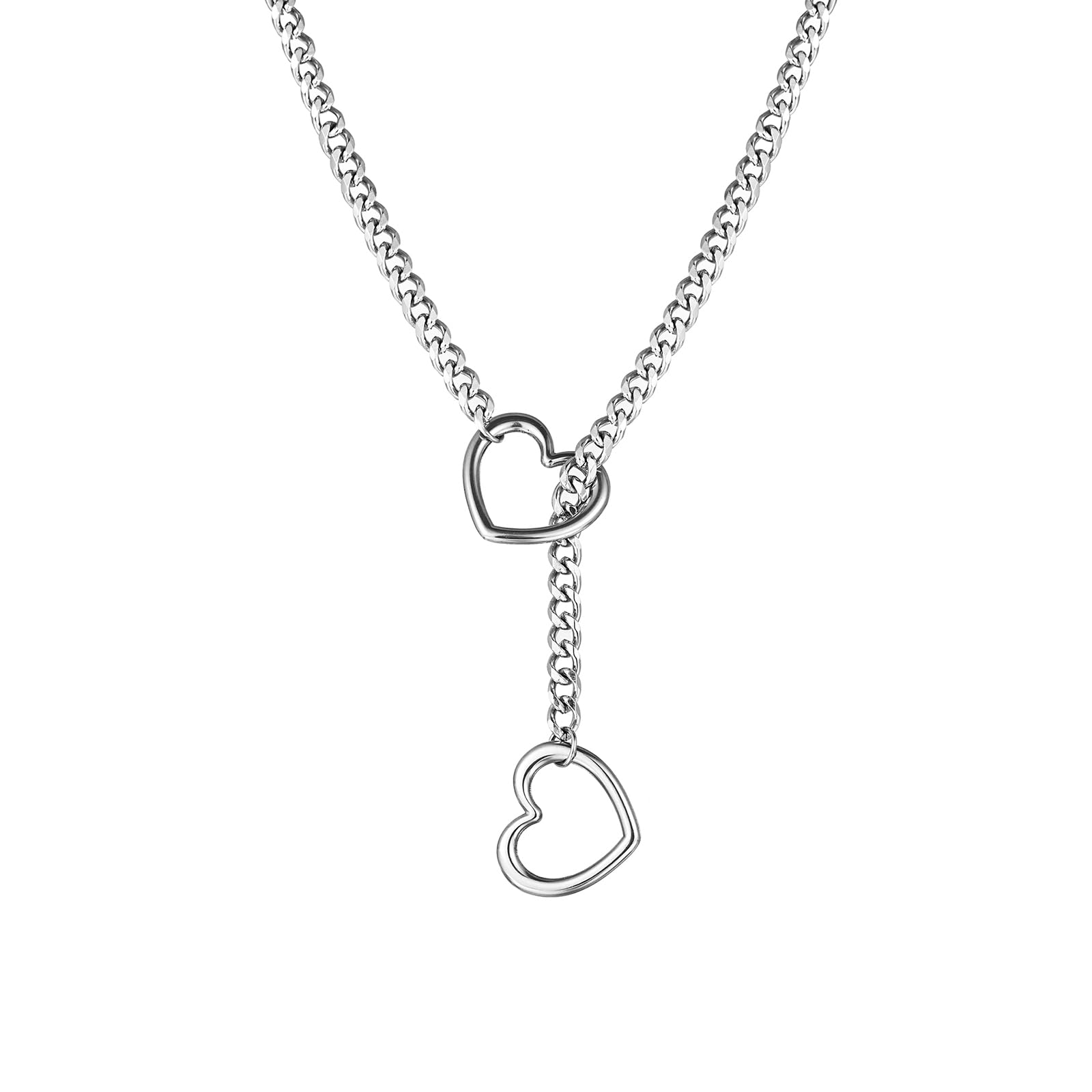 Stainless Steel Heart O-Ring Slip Chain Necklace for Women & Men | Adjustable Cuban Chain Bar Y Necklace | Punk Rock Collar Handmade Lariat | Perfect for Daily Wear, Parties & Gifts