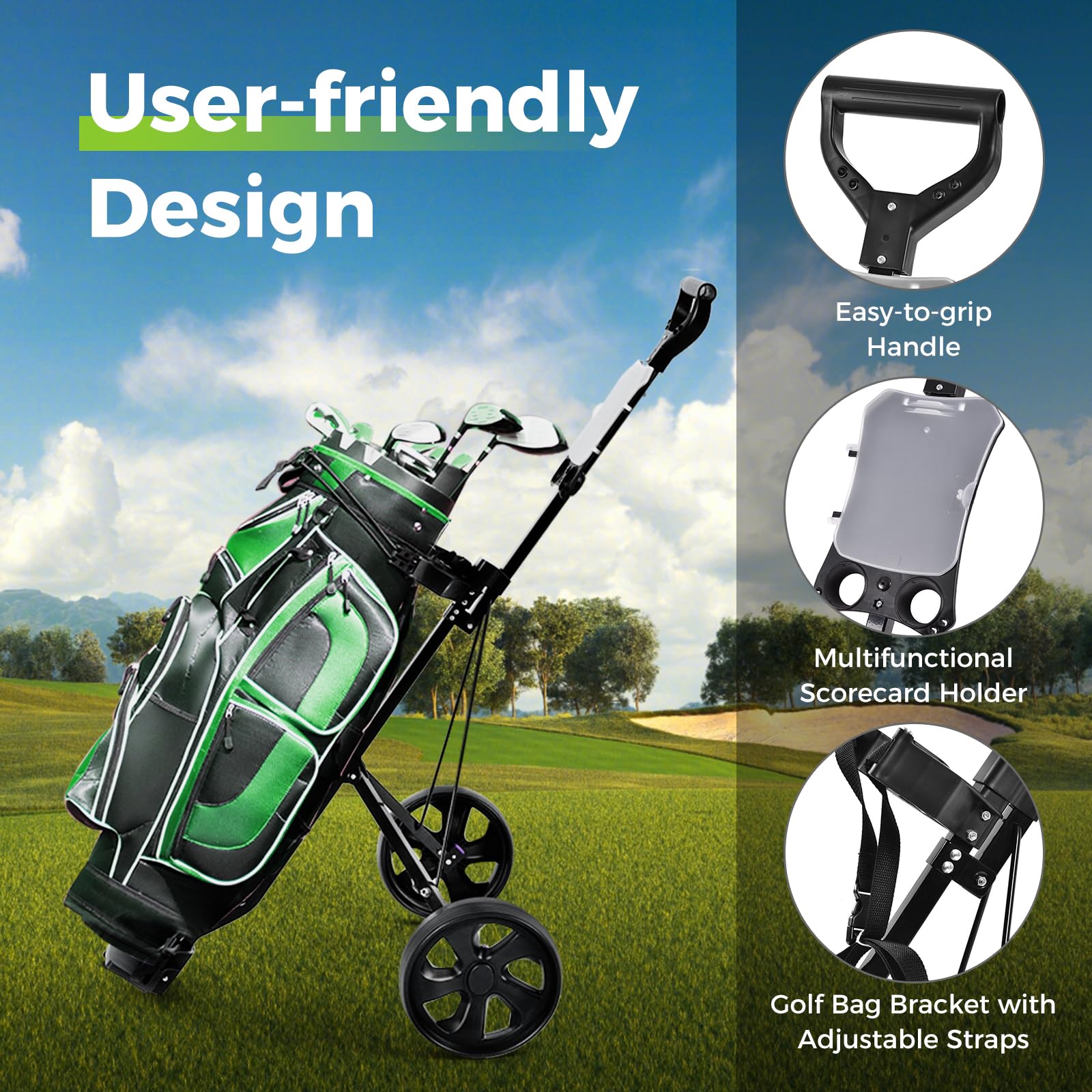 Premium 2 Wheel Golf Push Cart - Foldable Golf Trolley with Scorecard Holder, Upper/Lower Bracket & Elastic Straps | Lightweight Portable Golf Bag Caddy for Walking Courses | Perfect for Golfers, Seniors & Walking Enthusiasts on Any Terrain