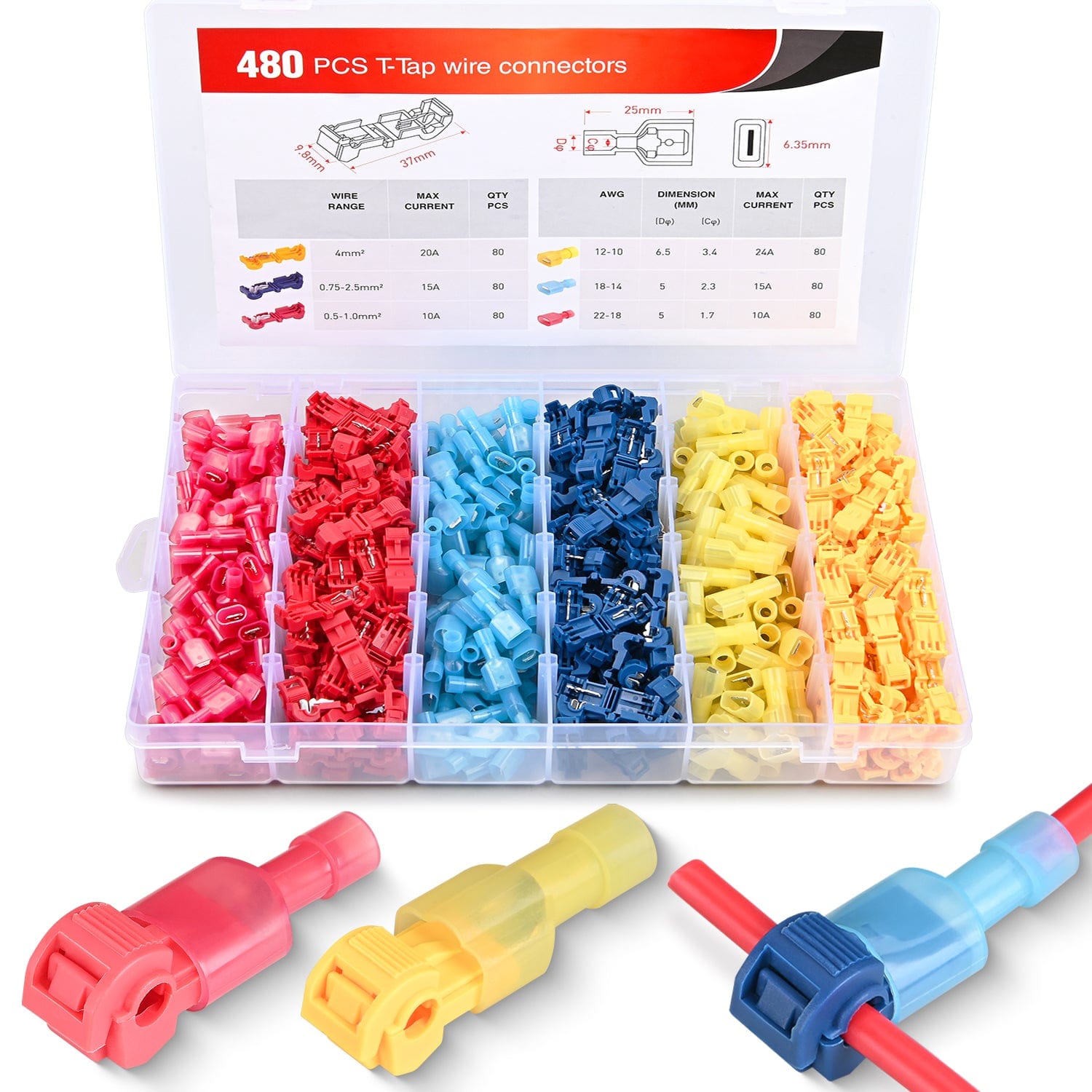 480PCS/80 Pairs T Tap Wire Connectors Terminals Kit - Quick Splice Electrical Connectors for Automotive, Marine & Home Wiring - Perfect for DIY Car Audio, Lighting & Electrical Repairs