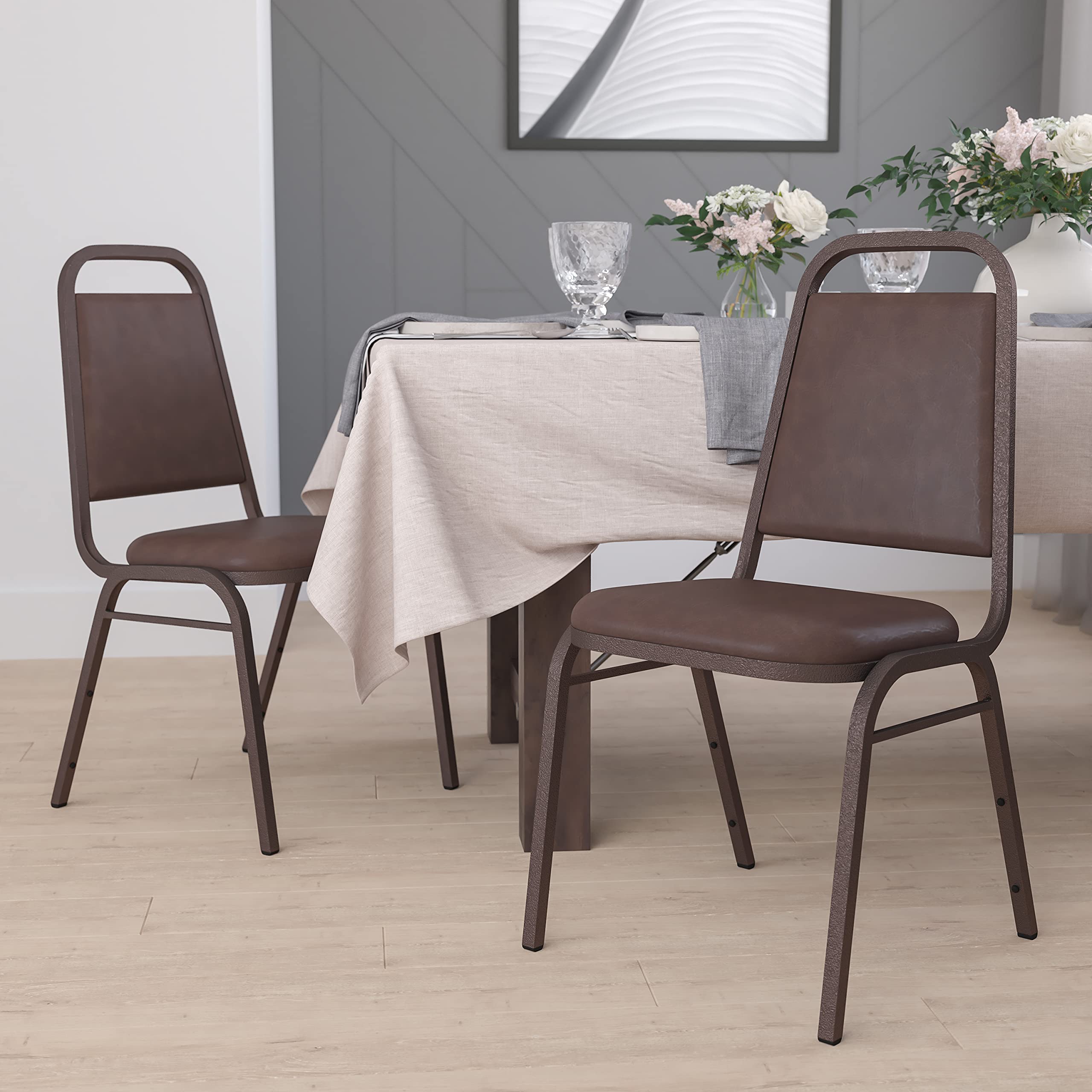 Flash Furniture 4-Pack HERCULES Series Stackable Banquet Chairs - Brown Vinyl Upholstery with Copper Vein Metal Frame | Perfect for Weddings, Events & Conference Rooms