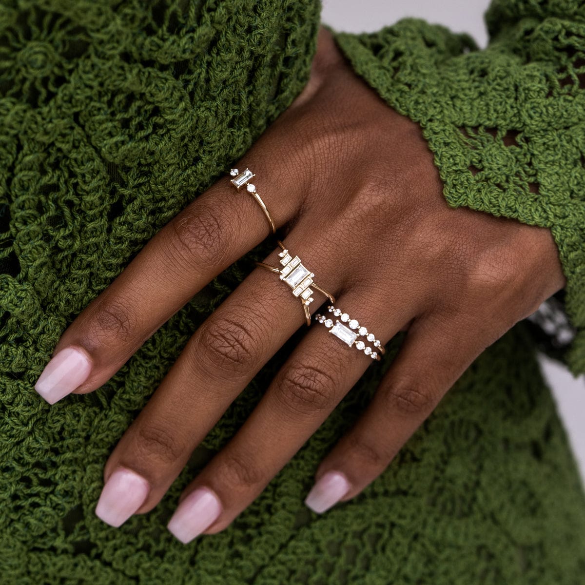 North South Baguette Trio Ring - Stackable Diamond Rings for Women, 14K Gold or Sterling Silver Engagement Wedding Band Set - Perfect for Stacking, Anniversary Gifts & Everyday Elegance
