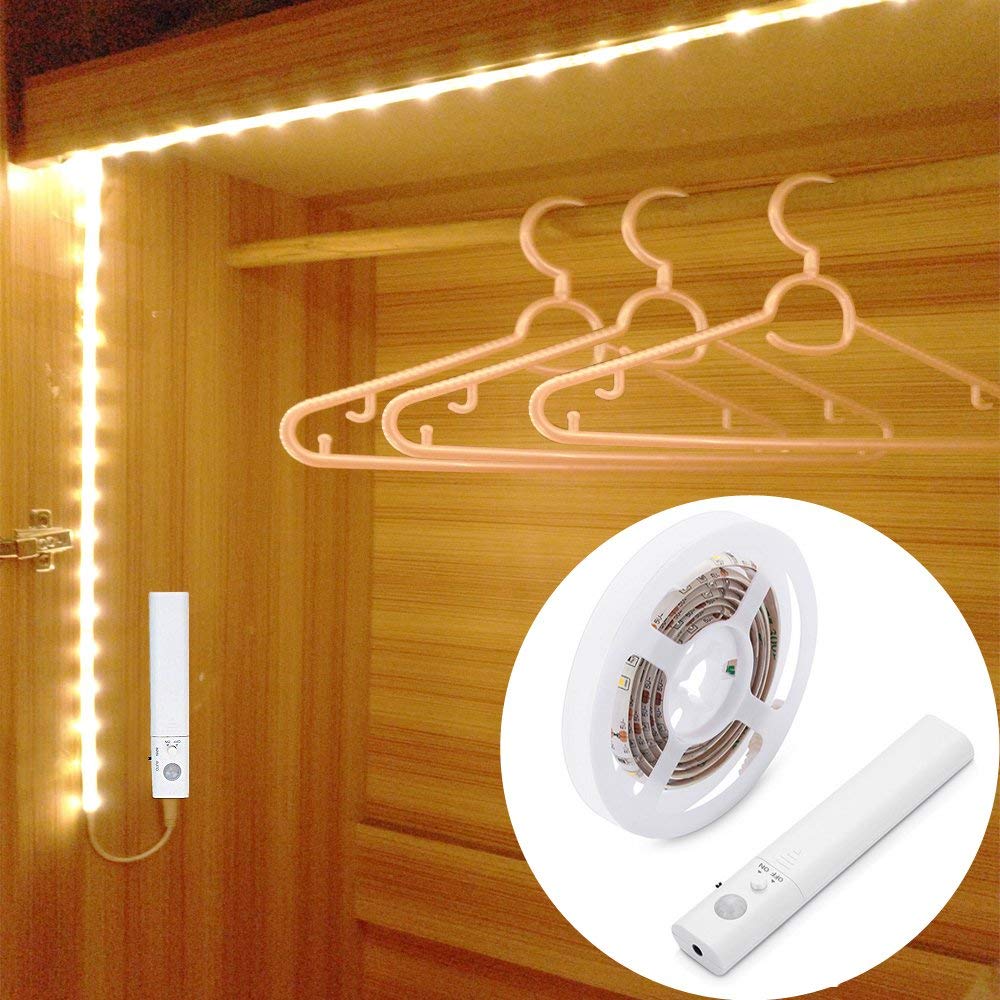 Motion Sensor LED Strip Closet Light - PIR Auto On/Off, Battery Powered Warm White Lighting for Wardrobe, Bedroom, Bathroom, Kitchen & Stairs - Perfect for Nighttime Safety & Convenient Hands-Free Illumination (1.5M, Warm White)