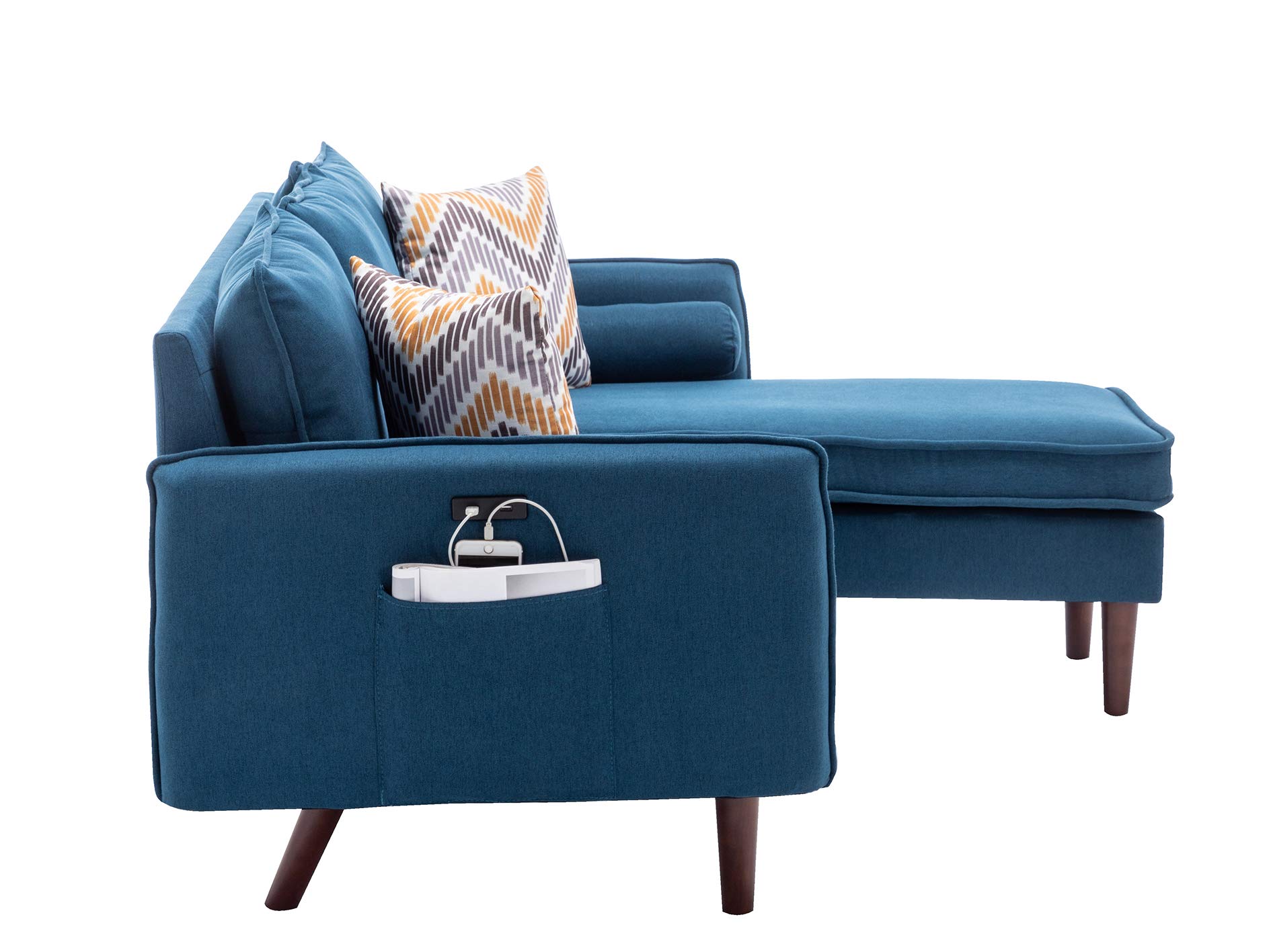 Lilola Home Mia Blue Sectional Sofa with Chaise Lounge, USB Charging Ports & Throw Pillows - Modern Living Room Furniture for Small Spaces & Apartments