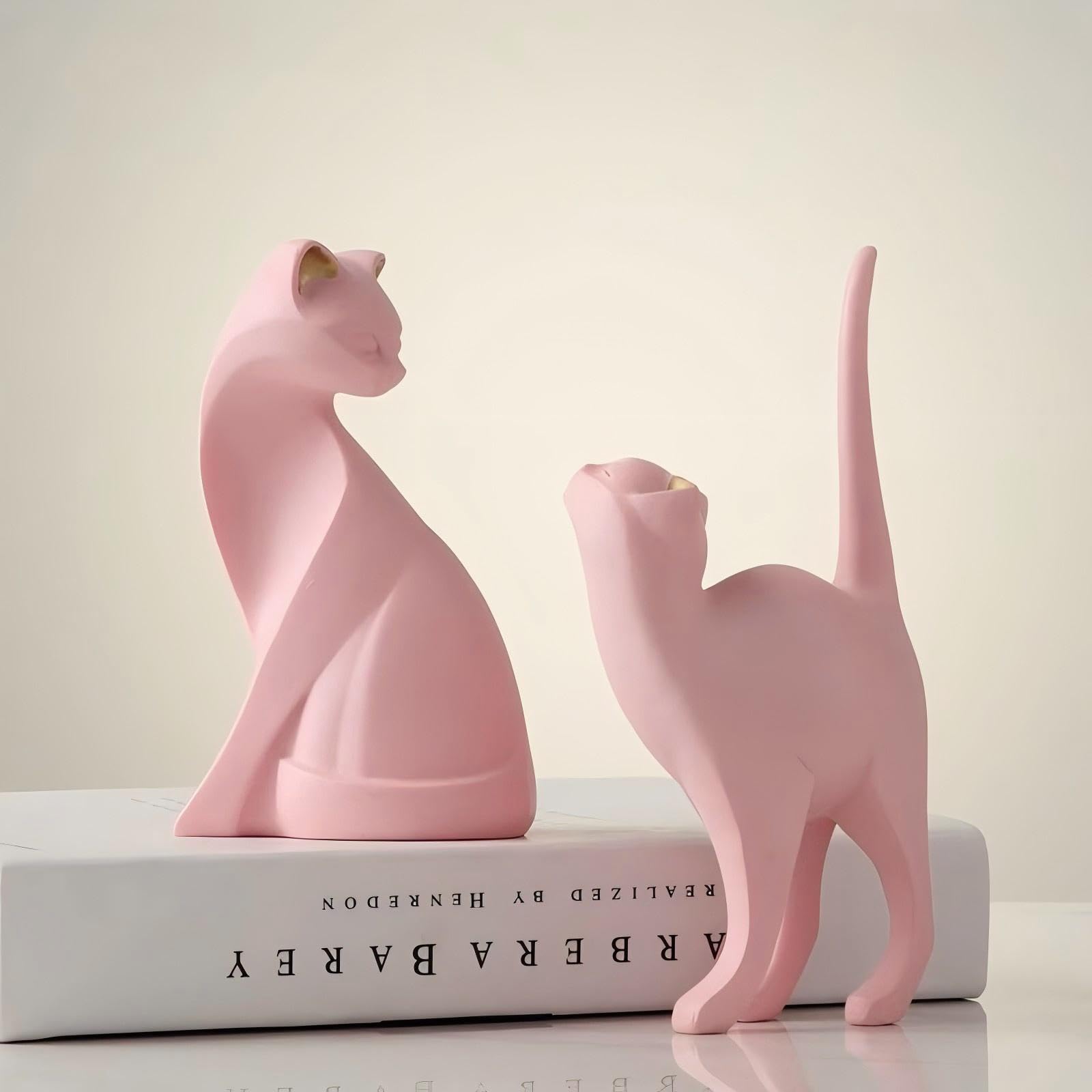 Elegant Pink Cat Statue - Handcrafted Desk & Shelf Decor for Cat Lovers | Perfect Gift for Home Office, Living Room & Bookshelf Decoration