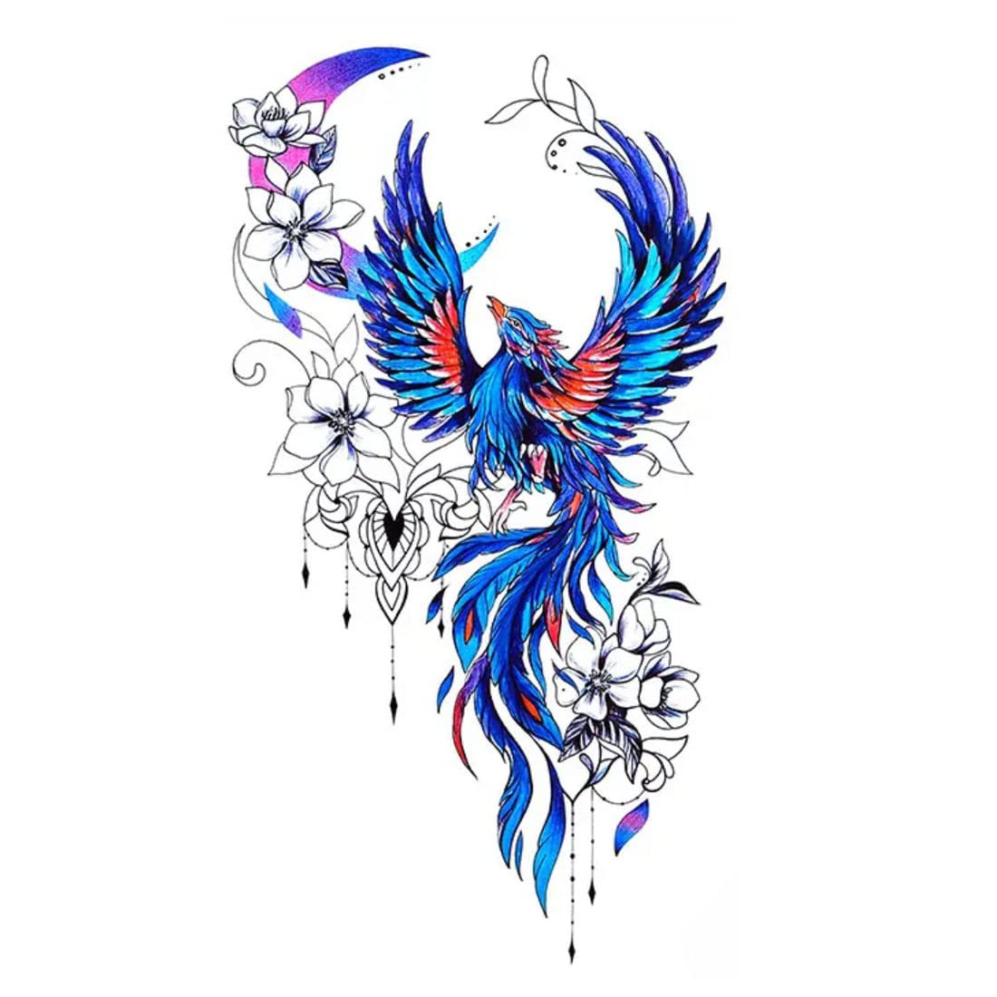 Waterproof Temporary Tattoo for Men & Women - Dragon & Birds Design with Floral Ring - Long Lasting Fake Body Art for Parties, Festivals & Cosplay