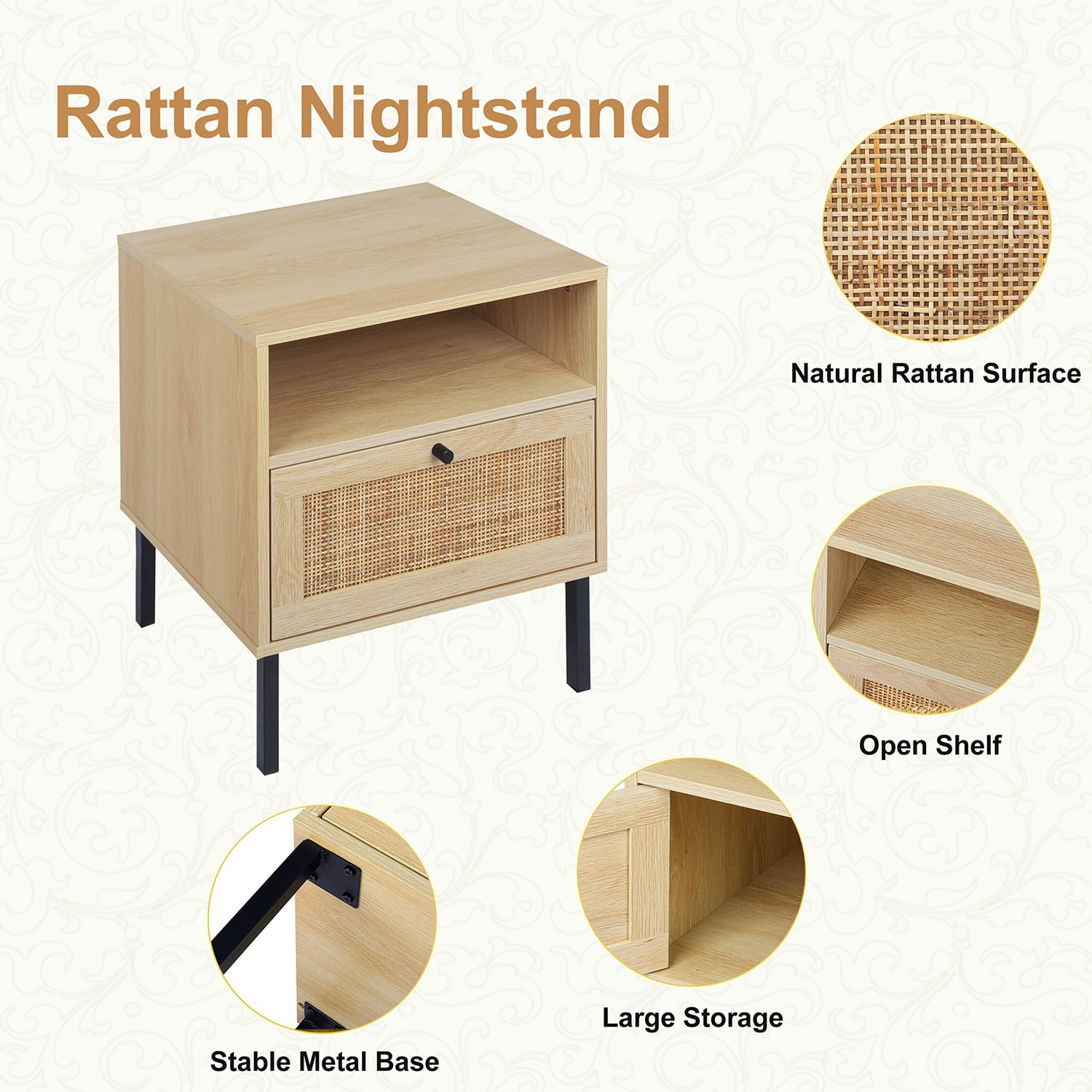 Rattan Nightstands Set of 2 - Boho Bedside Tables with 1 Door & Open Shelf, Natural Wood End Tables with Metal Legs - Perfect for Bedroom, Living Room, or Guest Room Decor