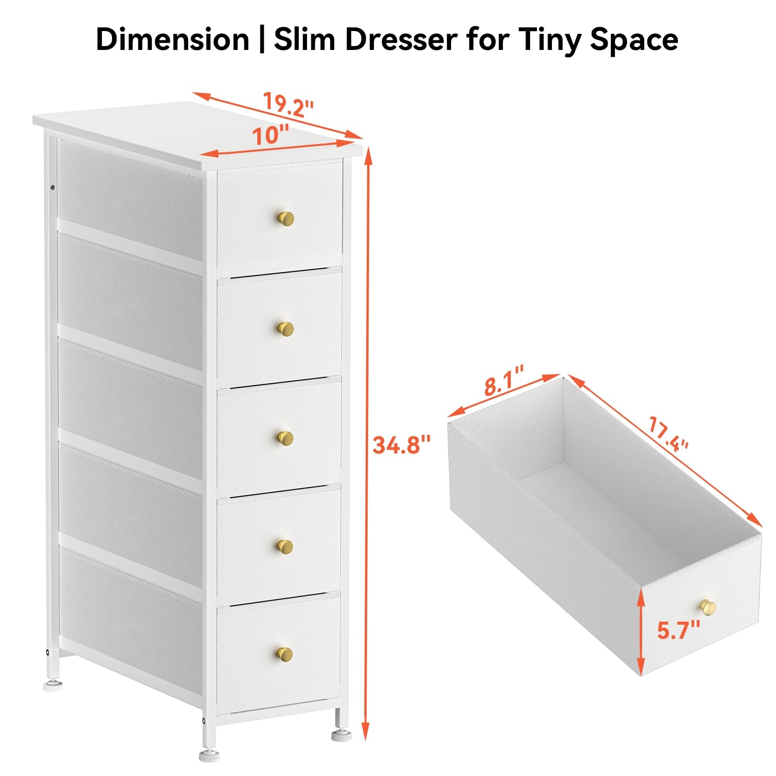 5-Drawer Narrow Dresser Storage Tower - Slim White Dresser with Steel Frame & Wood Top - Golden Knobs - Space-Saving Chest for Bedroom, Bathroom, Laundry, Closet & Small Spaces - Perfect for Organizing Clothes, Towels & Accessories in Compact Areas