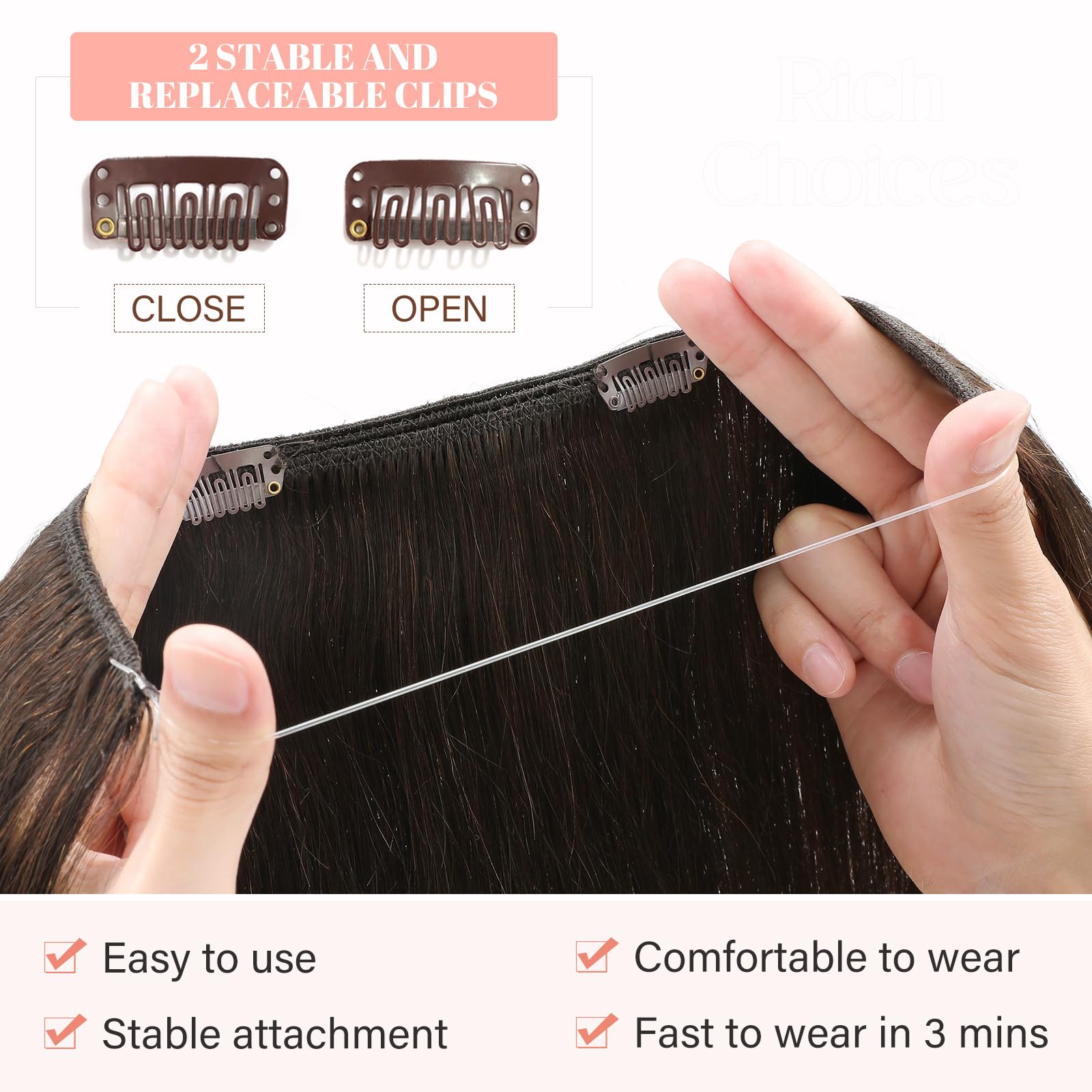 100% Human Hair Extensions - Invisible Wire In Hair Piece with Transparent Rubber Band & 2 Clips - Long Silky Straight Brown 22