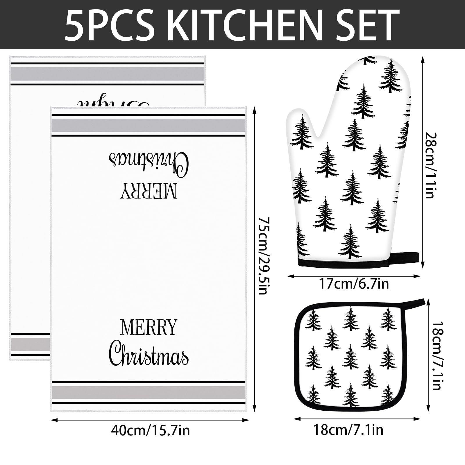 5-Piece Neutral Christmas Kitchen Towel Set - Oven Mitts & Pot Holder with Modern Xmas Tree Design - Farmhouse Holiday Decor (Black & White) - Perfect for Holiday Cooking, Baking & Festive Kitchen Decorating