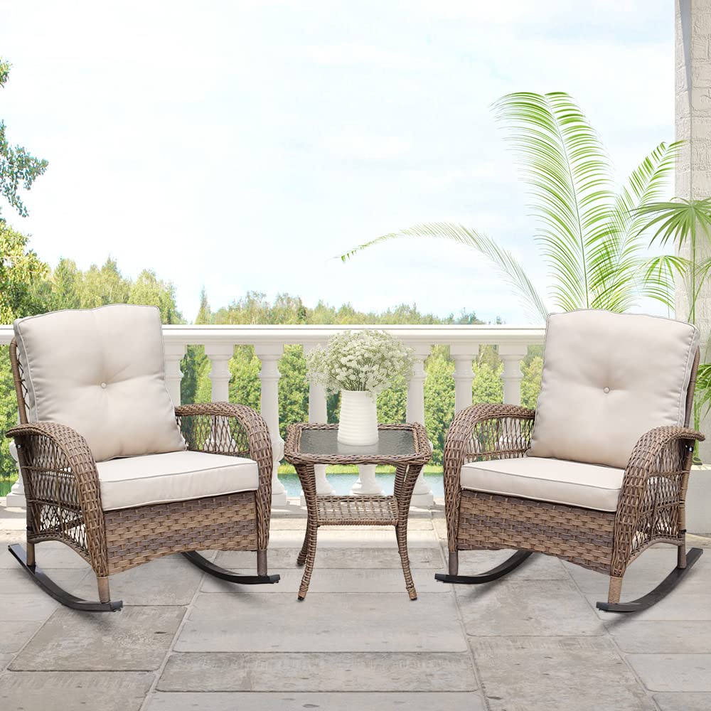 ABBLE 3-Piece Wicker Rocking Conversation Set with Cushions - Outdoor Patio Furniture, Bistro Seating Group, Light Brown Rocking Chairs for Garden, Porch & Backyard Relaxation