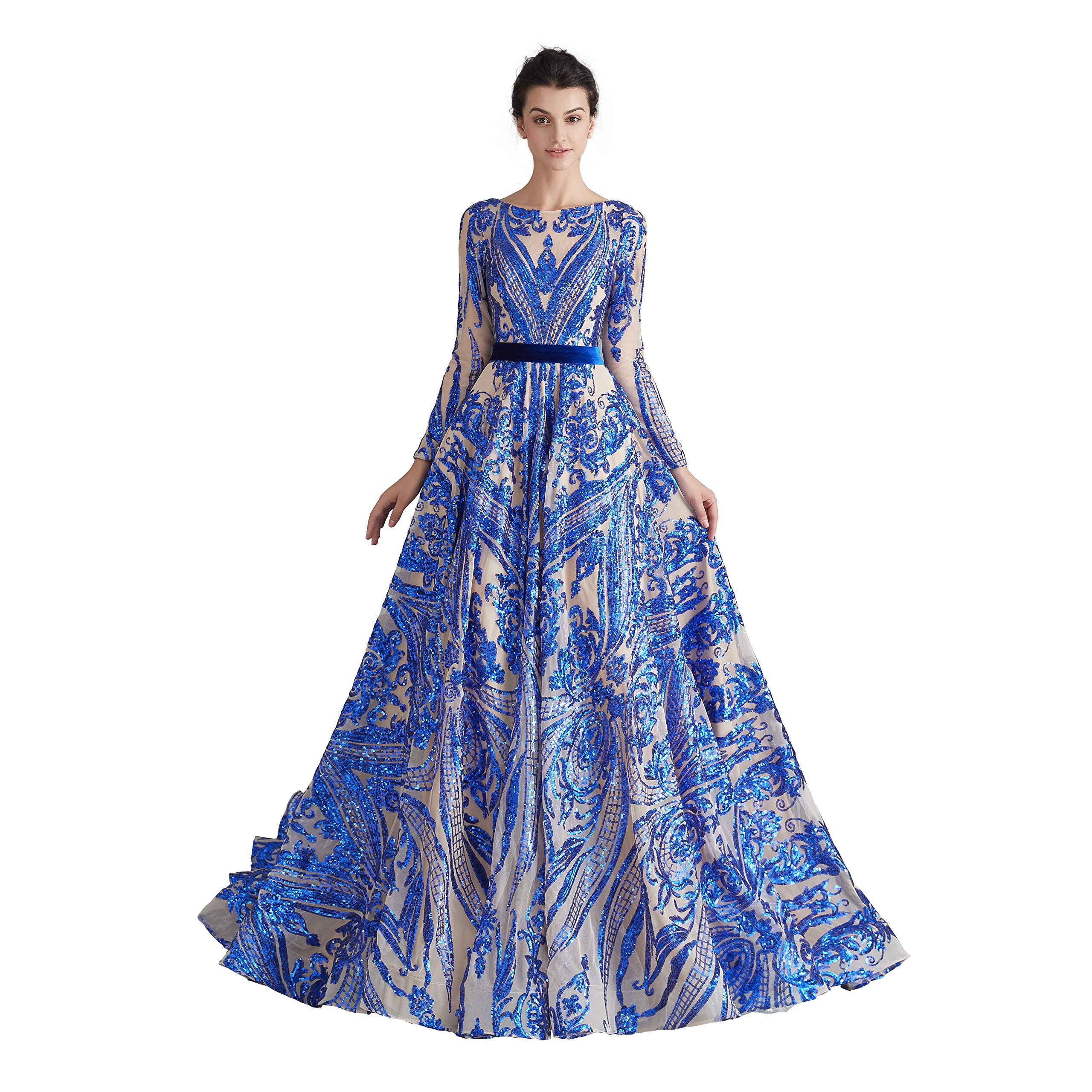 Luxury Sequins Long Sleeve Evening Gown for Women - Sparkly Prom Dress with Jewel Neckline | Perfect for Formal Events, Galas & Special Occasions