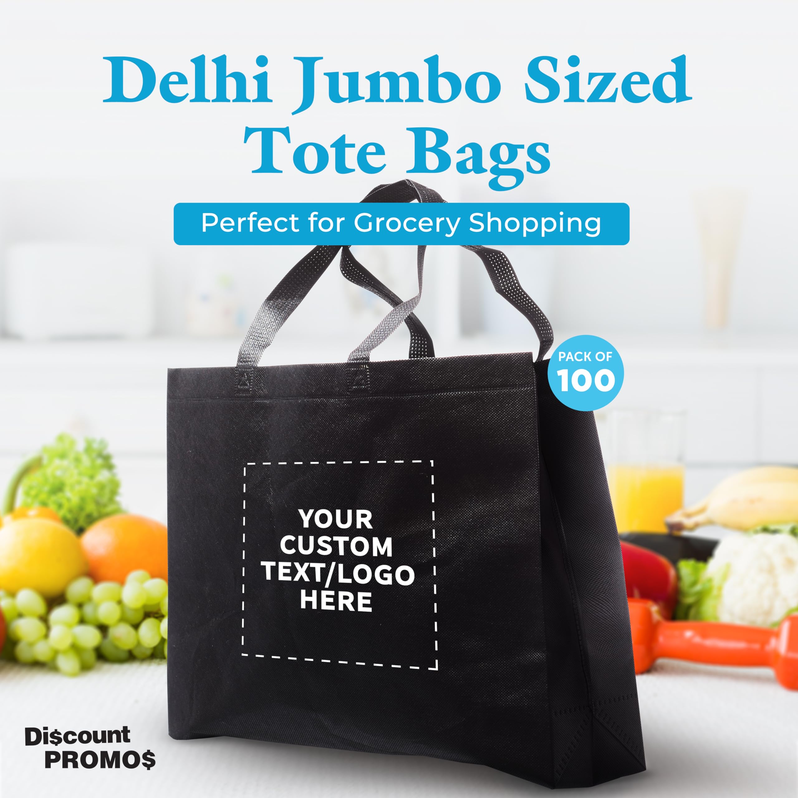 Custom Jumbo Reusable Tote Bags Bulk Pack of 100 - Personalized Grocery & Shopping Bags for Women, Promotional Giveaways - Black | Perfect for Retail Stores, Events, Trade Shows & Eco-Friendly Shopping