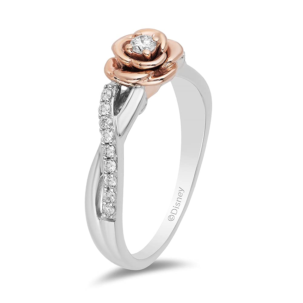 Enchanted Disney Belle Rose Ring - Sterling Silver & 10K Rose Gold with 1/5 Cttw Diamonds | Fine Jewelry for Women | Perfect Gift for Disney Fans, Brides & Princess-Themed Occasions