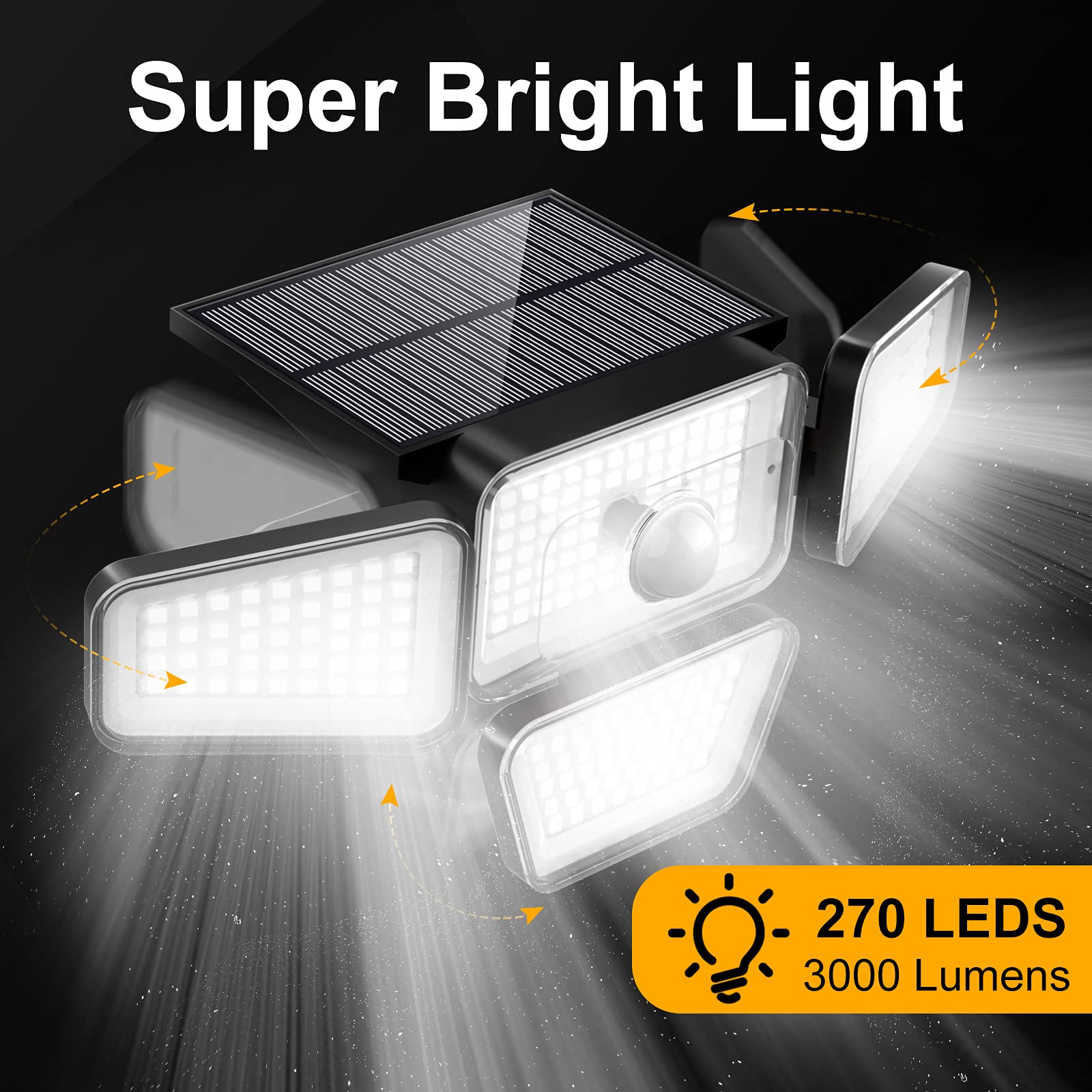 270 LED Solar Lights Outdoor - 3000LM Motion Sensor Security Light, IP65 Waterproof 4 Heads with 3 Modes & 330° Wide Angle (6500K, Wireless Solar Powered Flood Lights) - Perfect for Driveway, Garden, Yard, Patio & Backyard Lighting (2 Pack)
