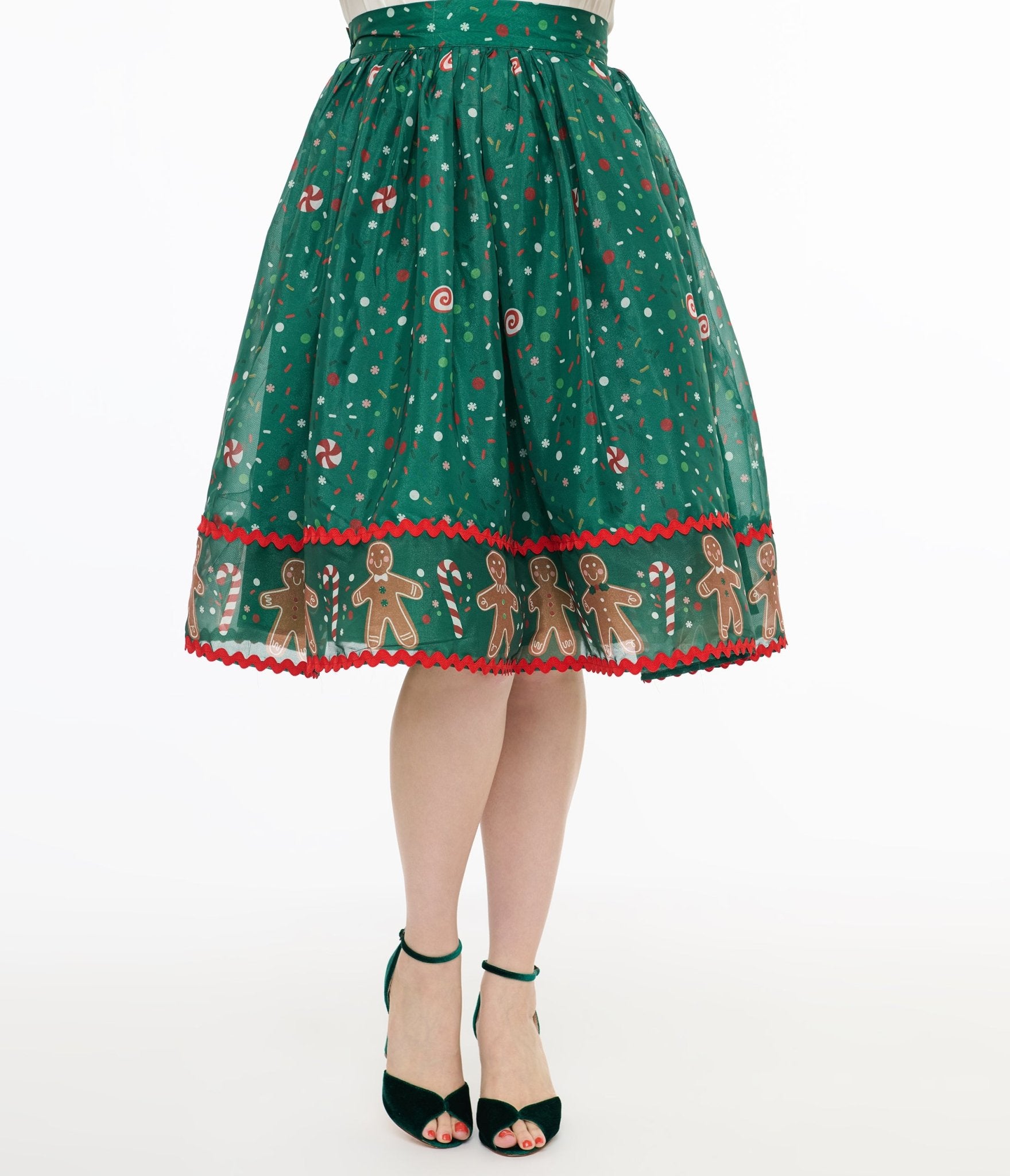 Vintage 1950s Green Gingerbread Border Swing Skirt - Retro A-Line Skirt with Unique Pattern | Perfect for Christmas Parties, Holiday Gatherings & Vintage Fashion Lovers