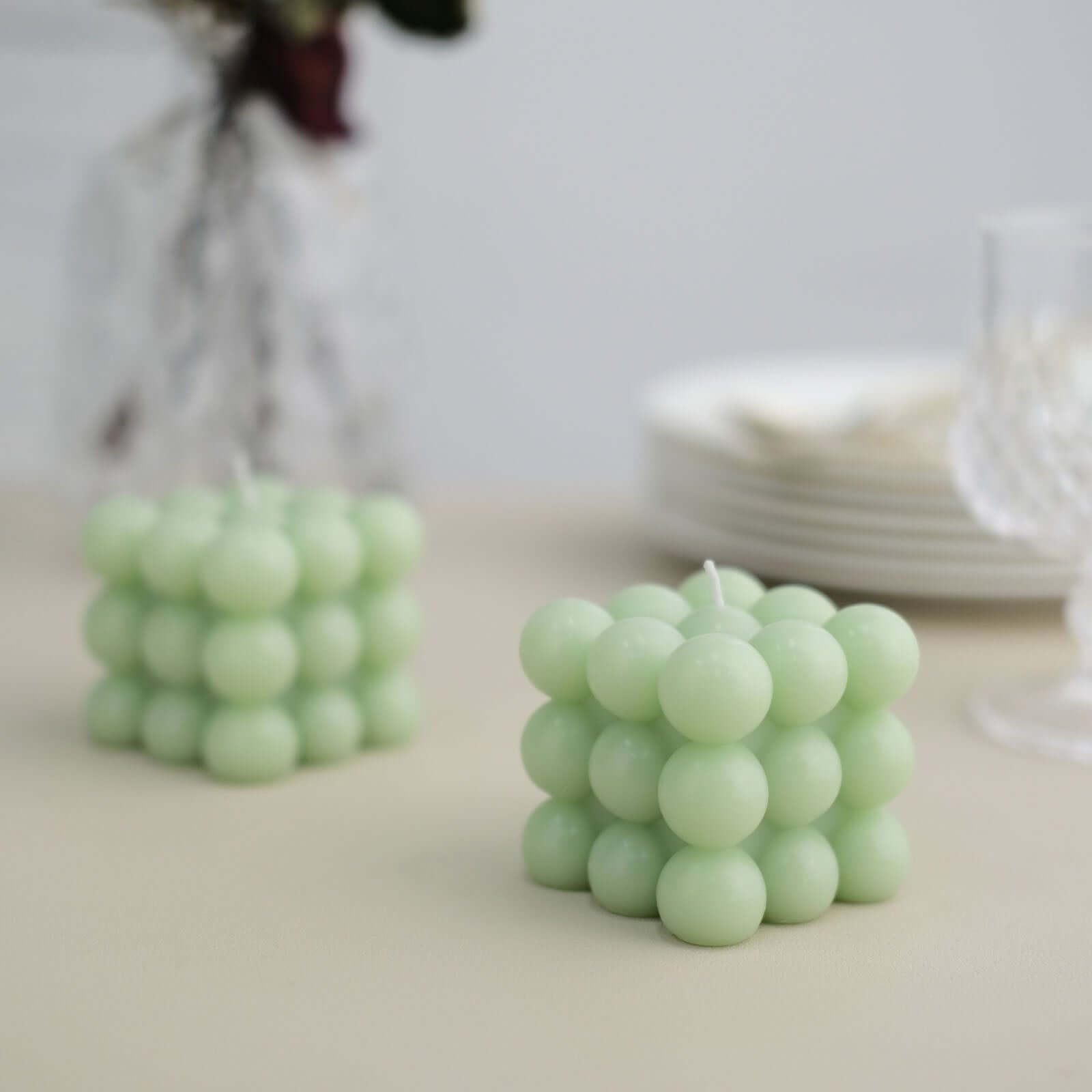 Efavormart 2 Pack Sage Green 2 Inch Bubble Cube Paraffin Wax Candles - Unscented Square Pillar Candles for Wedding, Party Favors, Home Decor & Gift Giving