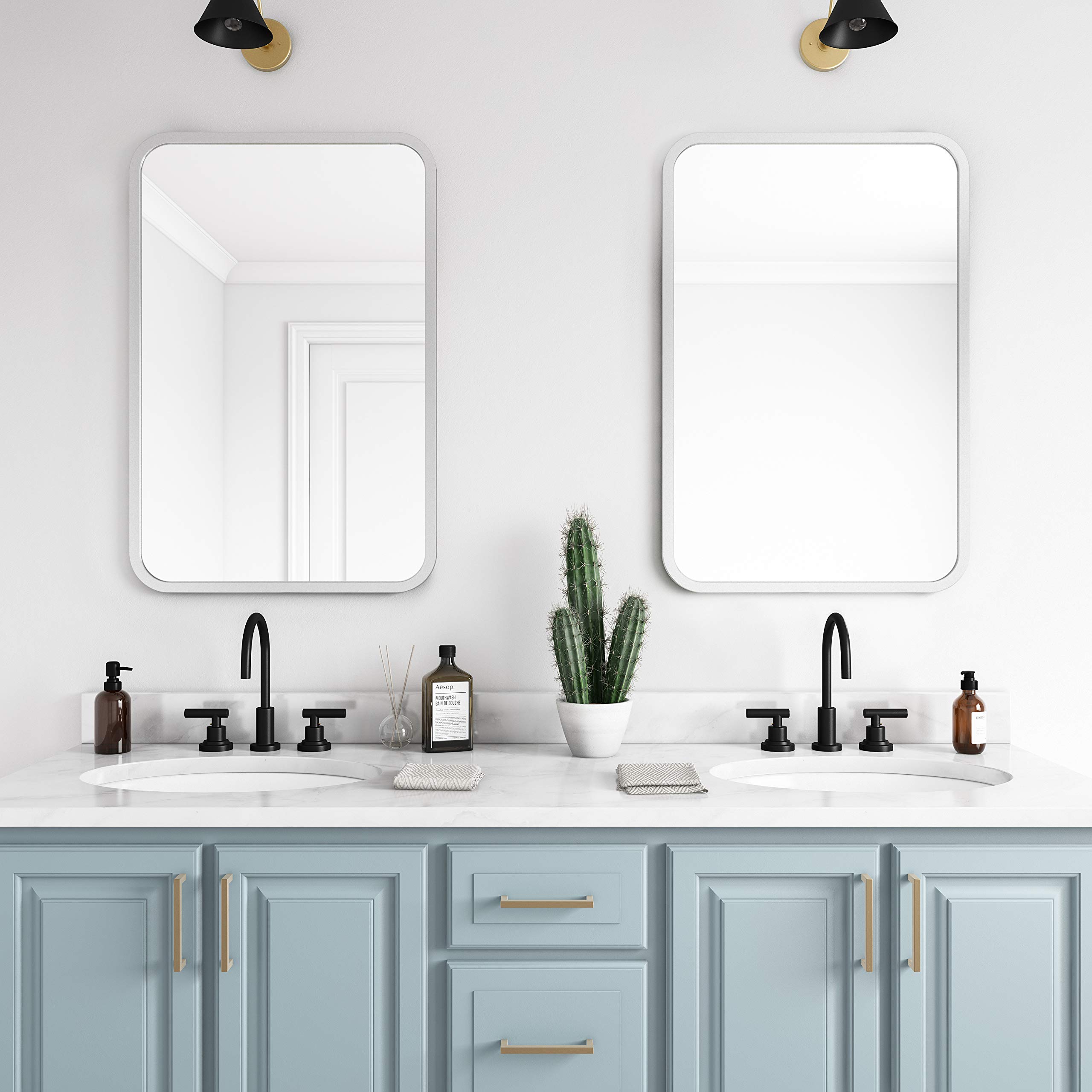 Better Bevel 24” x 36” Grey Rubber Framed Bathroom Mirror - Rounded Rectangle Wall Mirror for Bathroom, Bedroom, Dressing Room & Vanity Decor