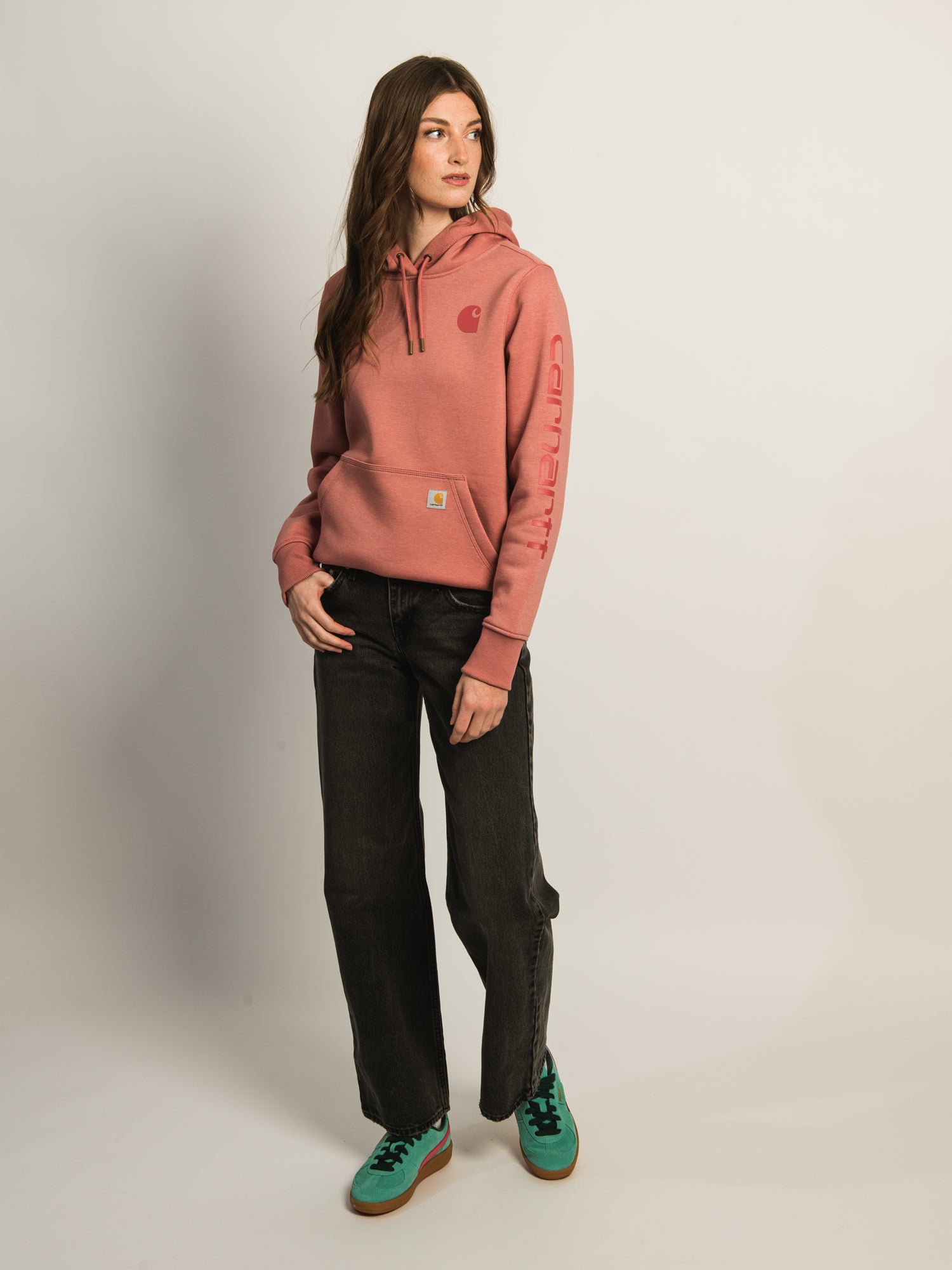 Carhartt Logo Sleeve Pullover Hoodie for Women - Rose Pink Fleece Sweatshirt for Casual Wear, Work & Outdoor Activities