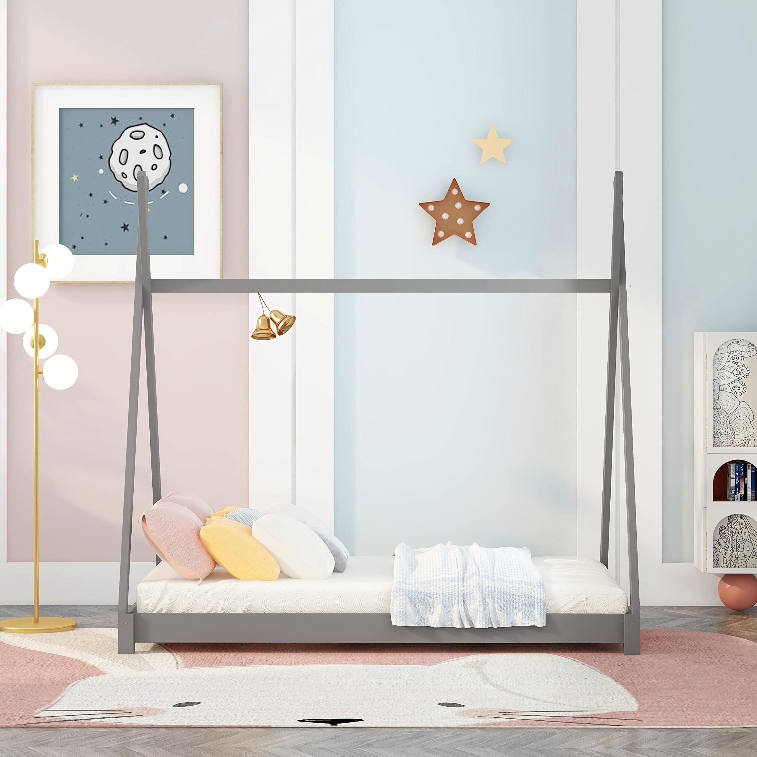 MERITLINE Kids House Bed Twin Size - Wooden Playhouse Bed Frame with Tent for Boys & Girls, Grey - Perfect for Bedrooms, Playrooms & Sleepovers