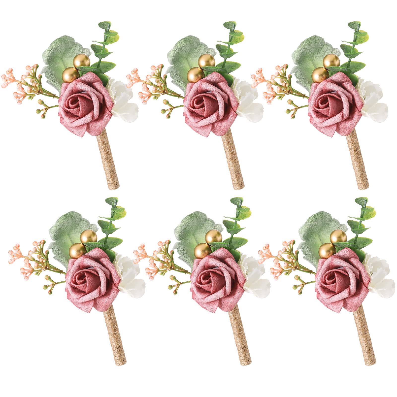 6 Pcs Dusty Rose Artificial Boutonniere for Men - Wedding Groom & Groomsmen Corsage with Pins - Vintage Style Floral Accessories for Wedding, Anniversary, Prom, Dinner Party & Suit Decorations - Perfect for Formal Events, Bridal Parties & Special Occasions