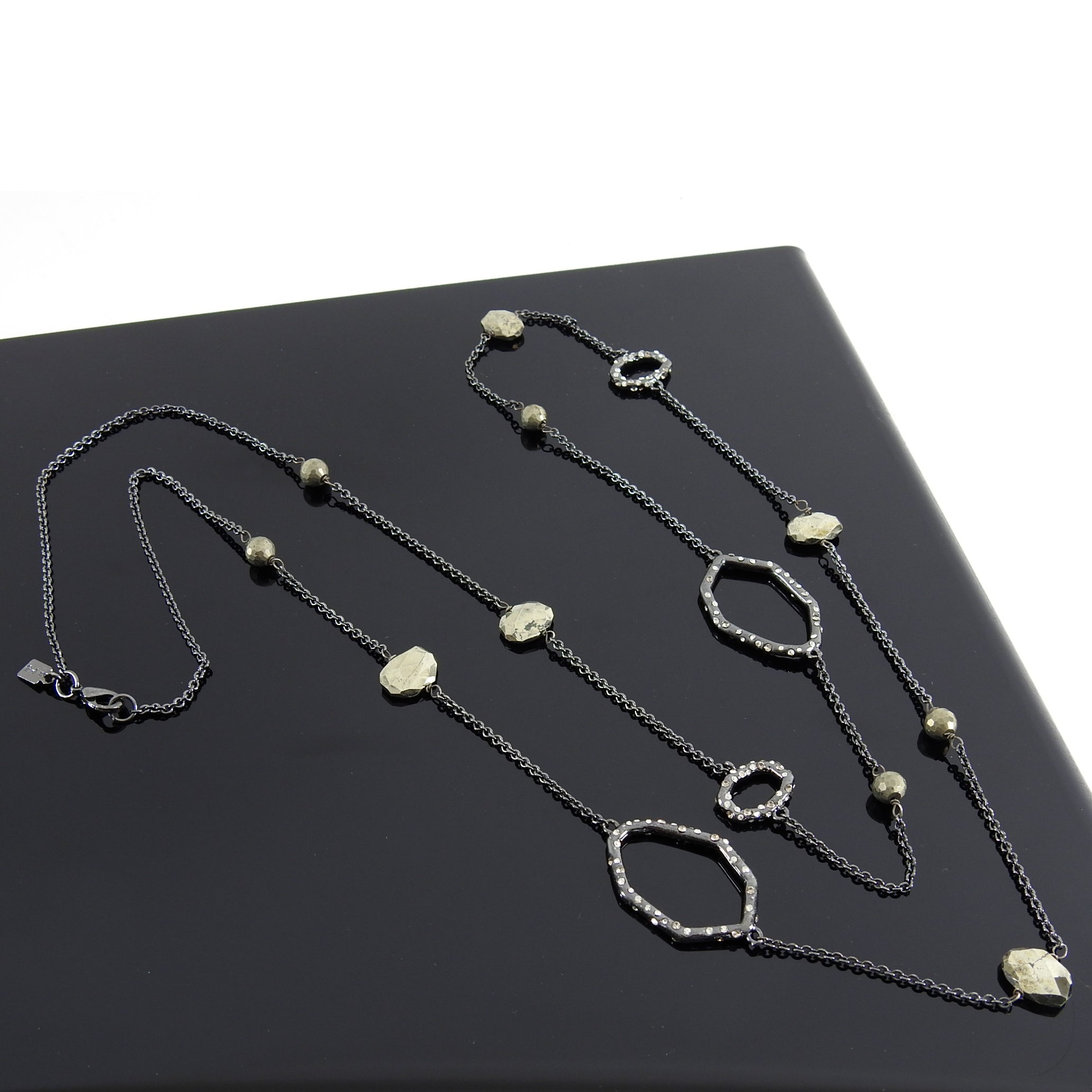 Alexis Bittar Long Single Strand Beaded Necklace with Pyrite Gemstones - Elegant Statement Jewelry for Women, Perfect for Evening Parties & Special Occasions