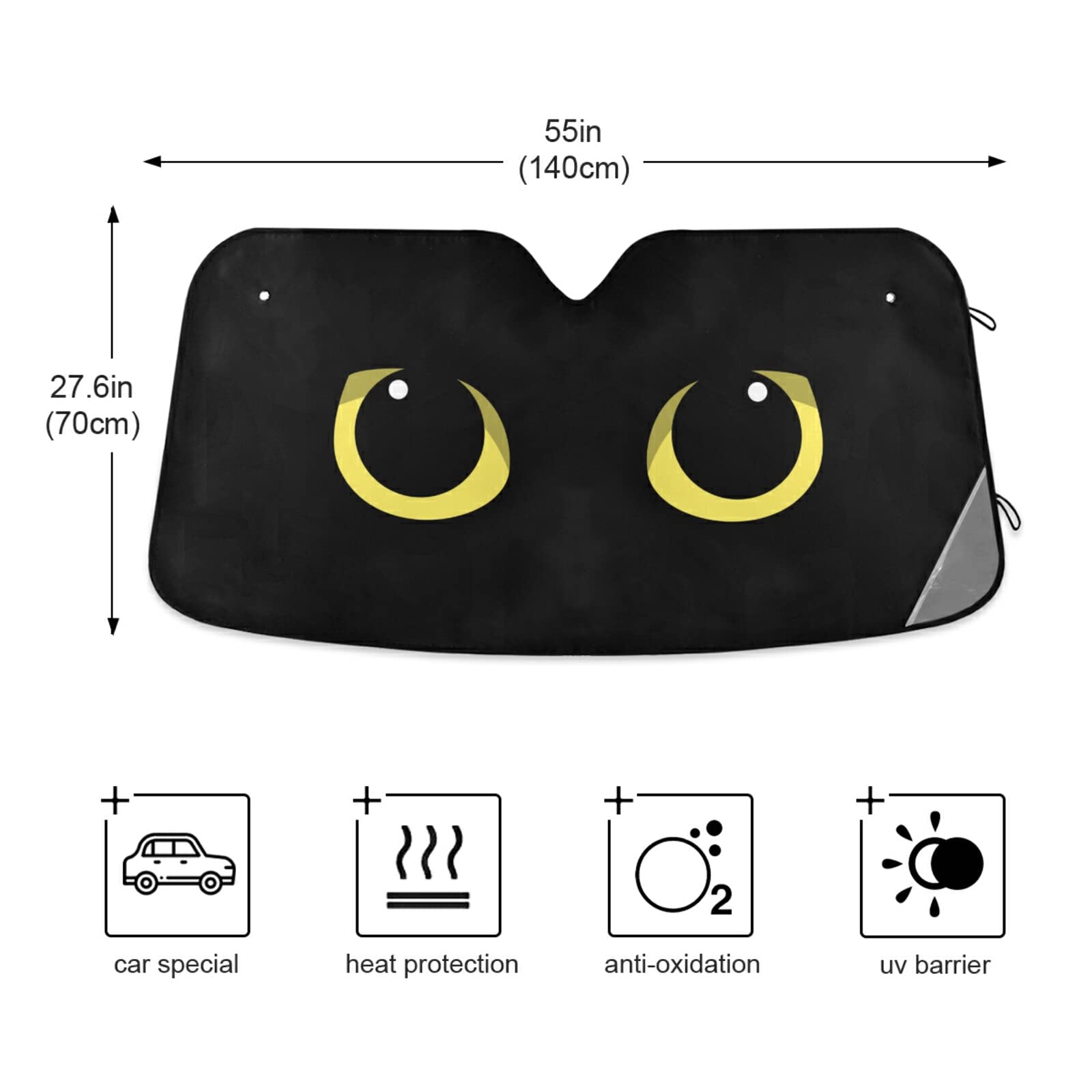 Qilmy Black Cat Eye Car Windshield Sunshade - Foldable UV Sun Visor Protector for Cars (55 x 27.6 Inch) | Heat & Glare Reduction for Parking & Driving | Universal Fit for Most Vehicles
