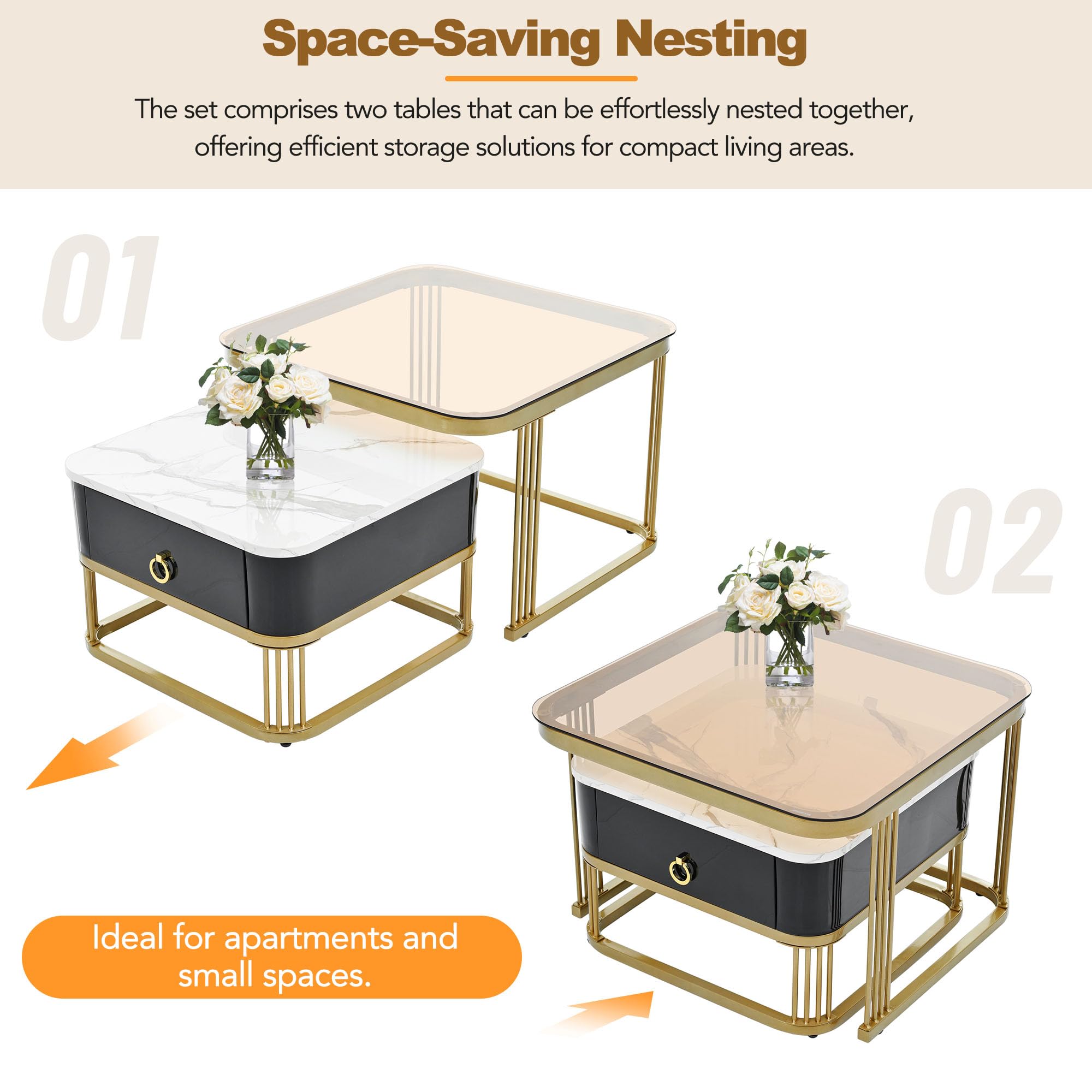 LUSPAZ 2-Piece Nesting Coffee Table Set with Drawer - Square Stackable Side Tables with Brown Tempered Glass & High Gloss Marble Grain Tabletop - Modern Living Room Furniture for Small Spaces, Apartments & Home Decor