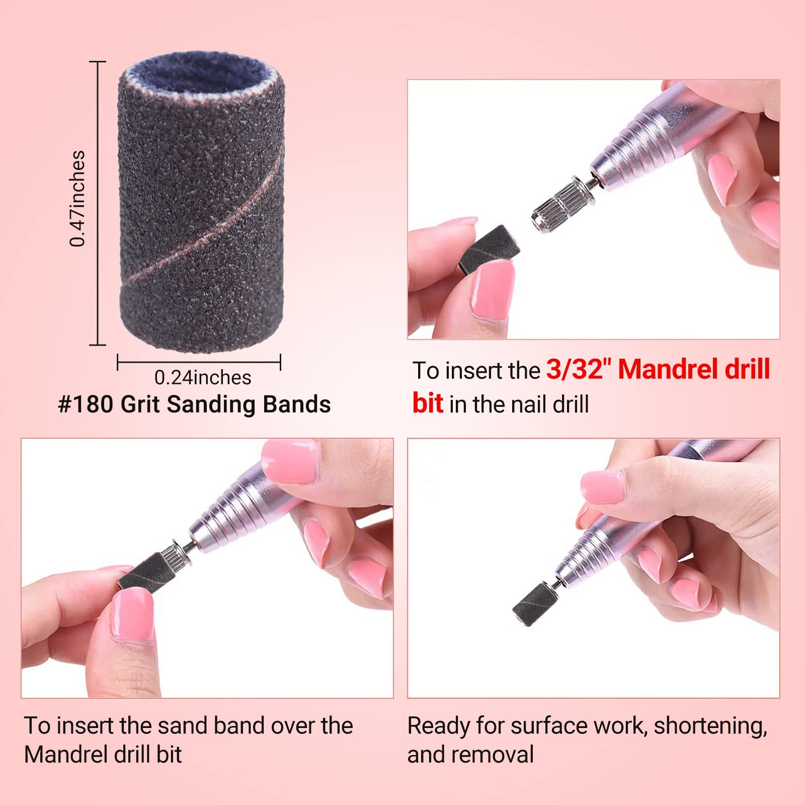 MelodySusie 100 Pcs Nail Drill Bits Sanding Bands - 180 Fine Grit Nail File Sanding Bands for Acrylic Nails, Gel Manicures & Pedicures - Professional Nail Art Tools for Salon & Home Use