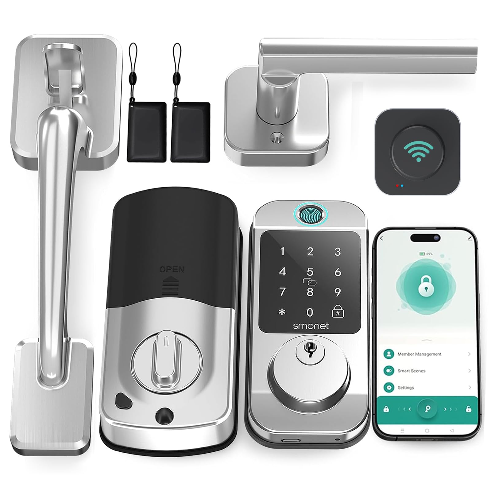 SMONET Smart Keyless Entry Door Lock - Fingerprint, WiFi, Bluetooth, Alexa Compatible Deadbolt with Digital Keypad & Auto Lock - Silver | Secure Home, Office & Vacation Rentals