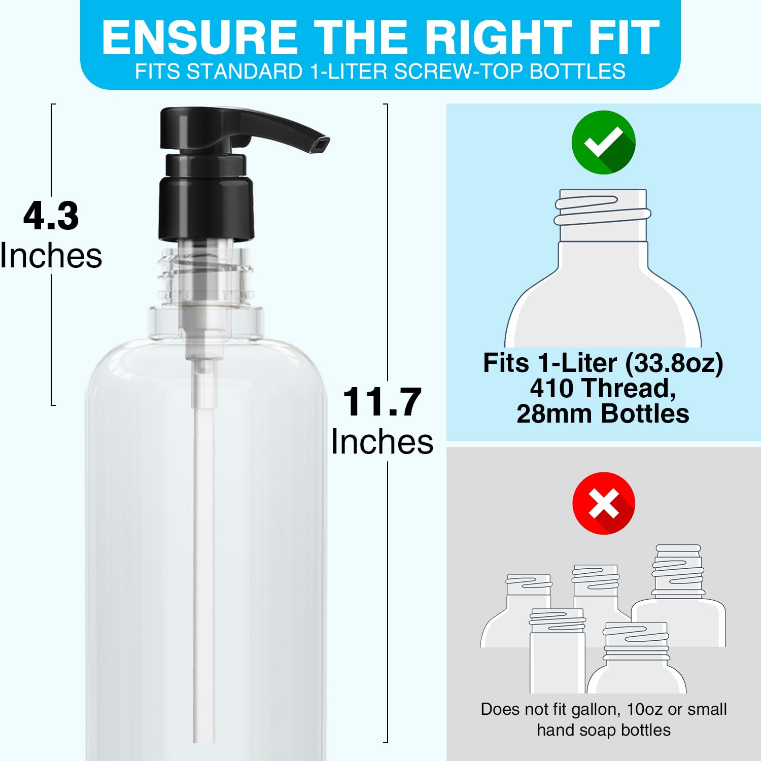 2-Pack Shampoo Pump Dispenser for 33.8 oz Bottles - Fits Most 1-Inch Wide Opening Salon Bottles - Black & White Replacement Pump for Shampoo, Conditioner, Body Wash & Lotion - Perfect for Bathroom, Salon & Home Use