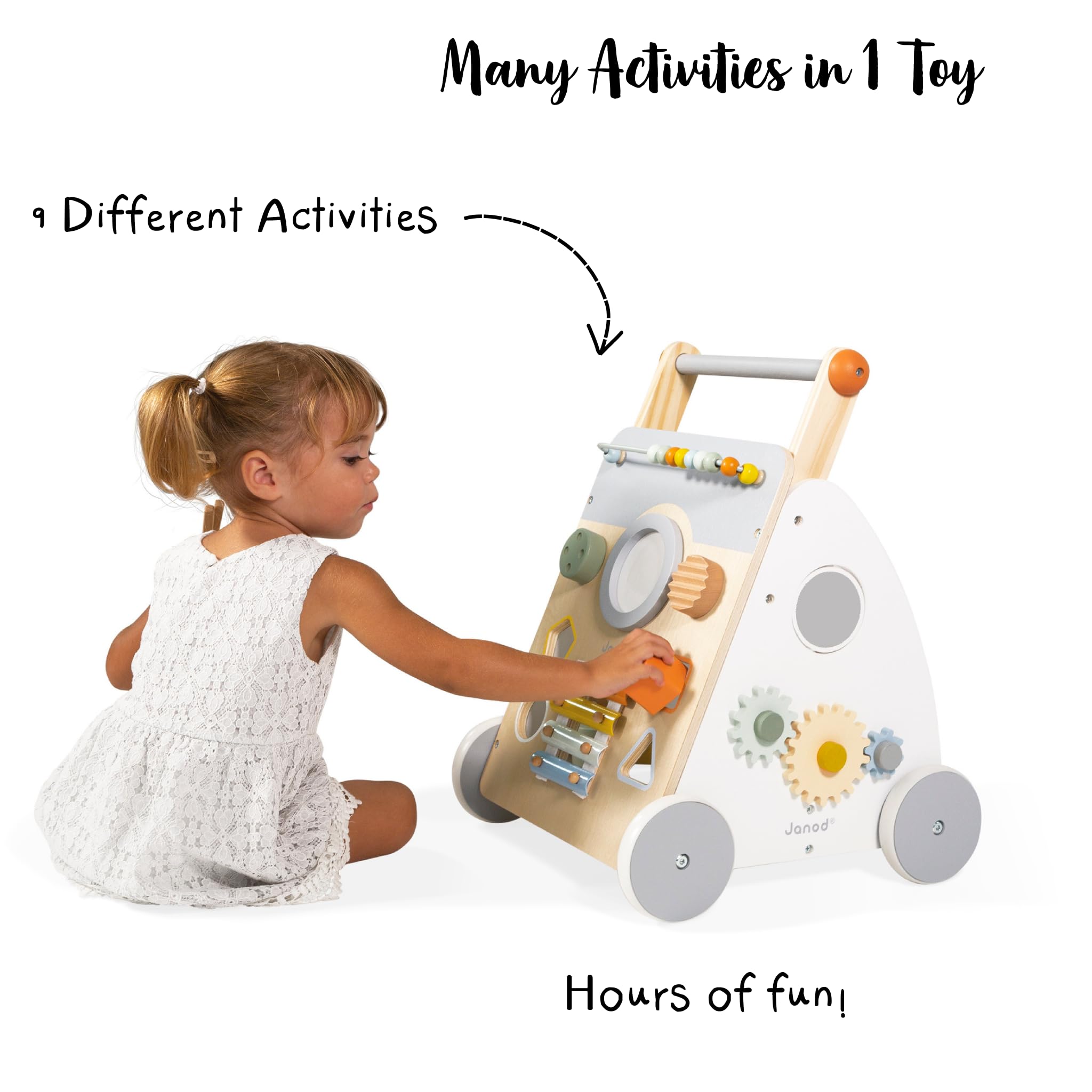Janod Sweet Cocoon Wooden Multi-Activity Baby Walker for Toddlers 12-24 Months | Learning Push Toy with Bead Maze, Shape Sorter & Music | Montessori Educational Toy for First Steps | Nursery, Playroom & Daycare Essential (J04410)