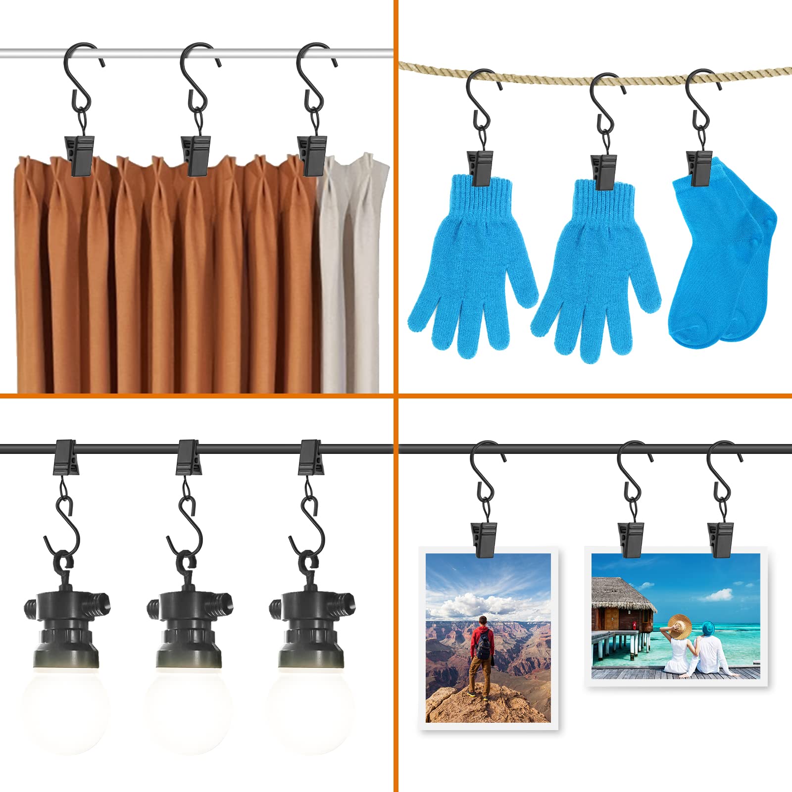 40 PCS Stainless Steel Curtain Clips with S Hooks for Outdoor String Lights - Heavy Duty RV Awning & Gutter Light Clips (Black) - Perfect for Patio, Garden, Camping and Backyard Decoration