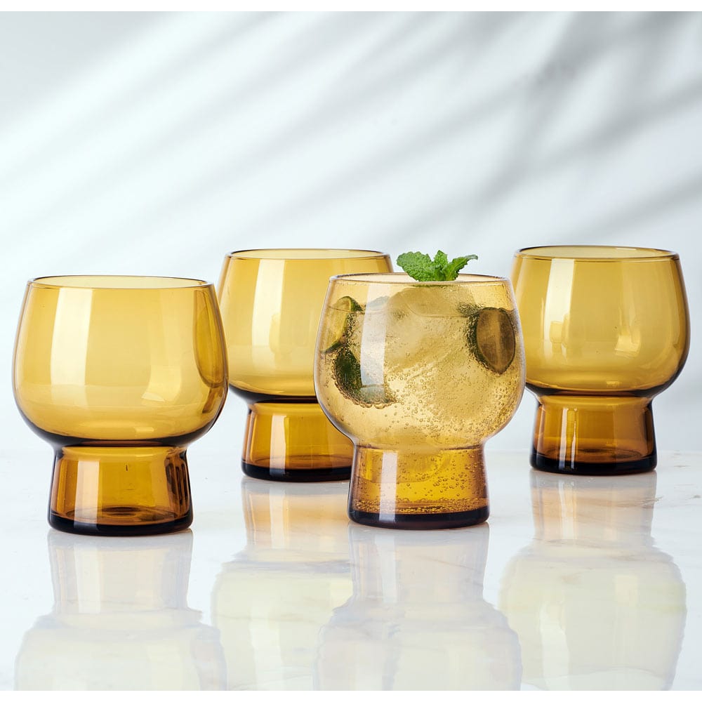 Phoebe Amber Set of 4 Double Old Fashioned Whiskey Glasses - Premium Barware for Cocktails, Bourbon & Scotch - Perfect for Home Bars, Parties & Gifts