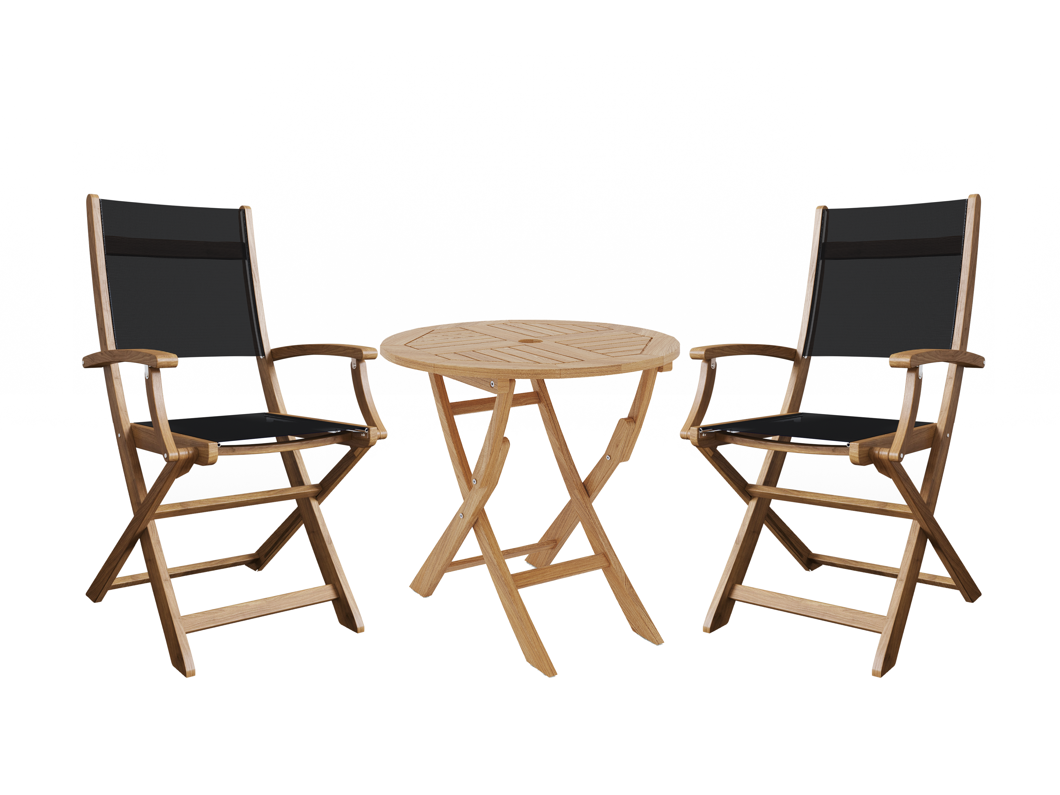 Premium Black Teak Outdoor Bistro Set - 3-Piece Round Folding Table & Armchairs for Patio, Garden, Balcony or Poolside Dining