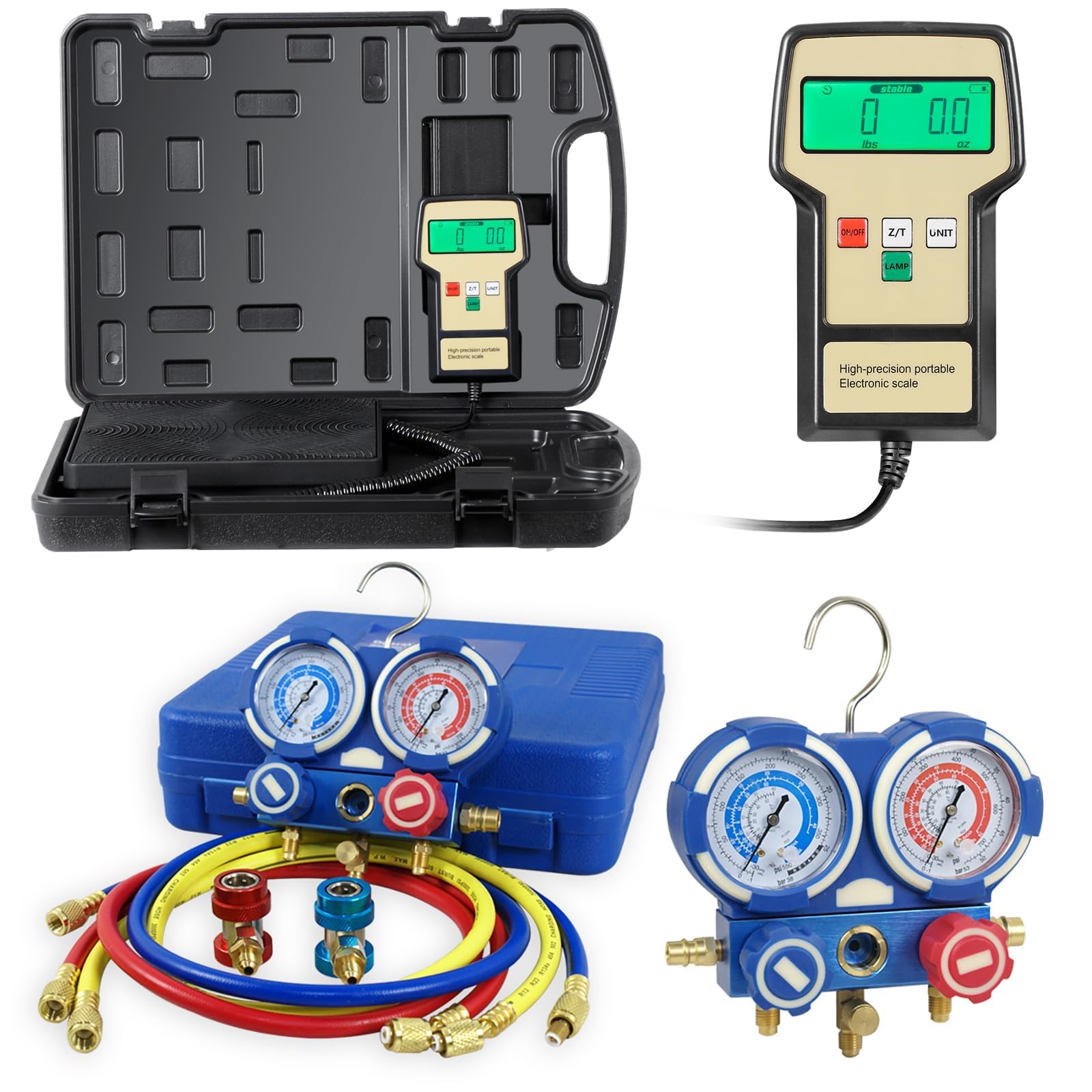 F2C Digital Refrigerant Electronic Charging Scale - HVAC AC Manifold Gauge Set for R134a - Professional Automotive & Home AC Repair Tool Kit