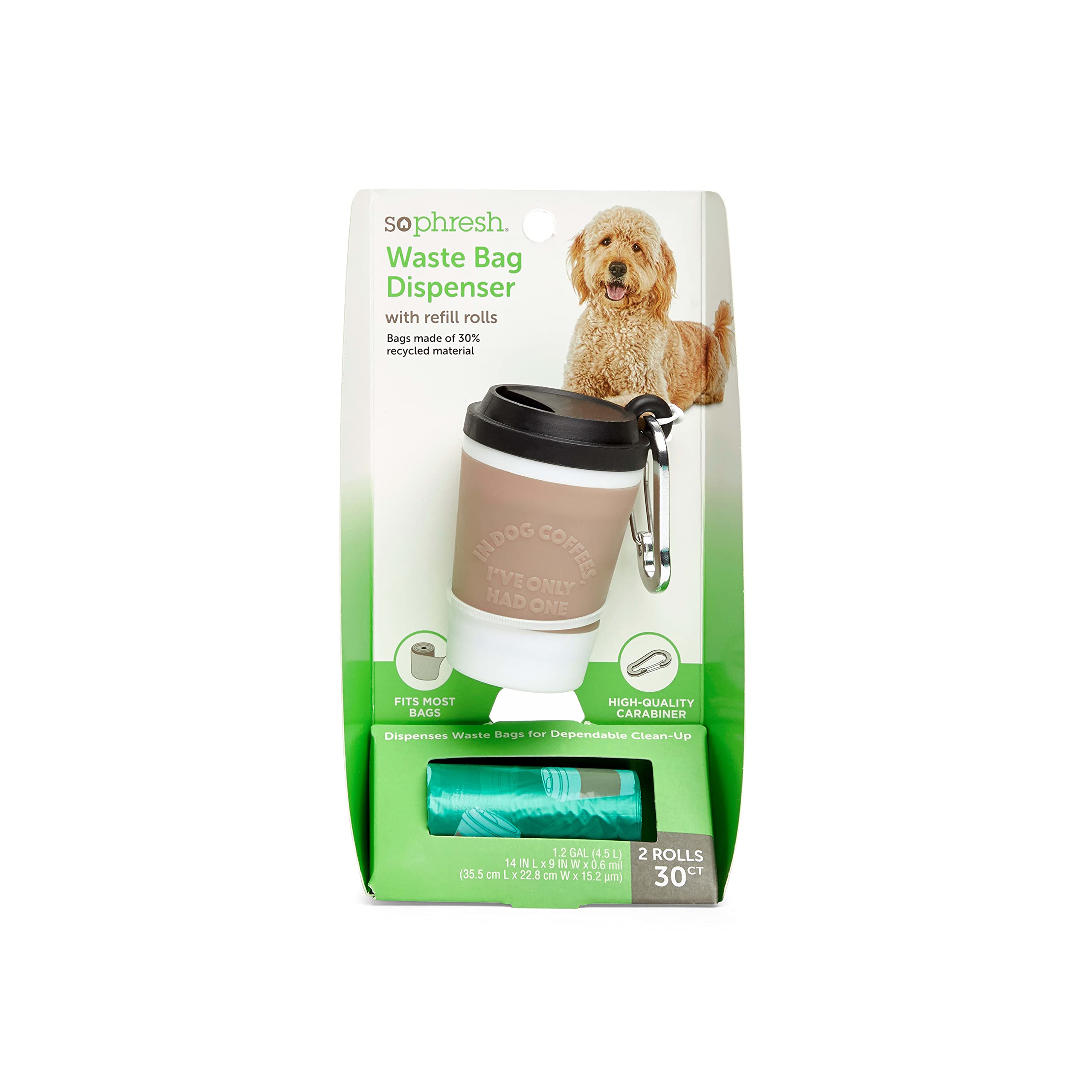 So Phresh Dog Waste Bag Dispenser with Refill Rolls - Portable Poop Bag Holder for Dogs, Leash Attachment for Easy Cleanup During Walks, Park Visits & Travel