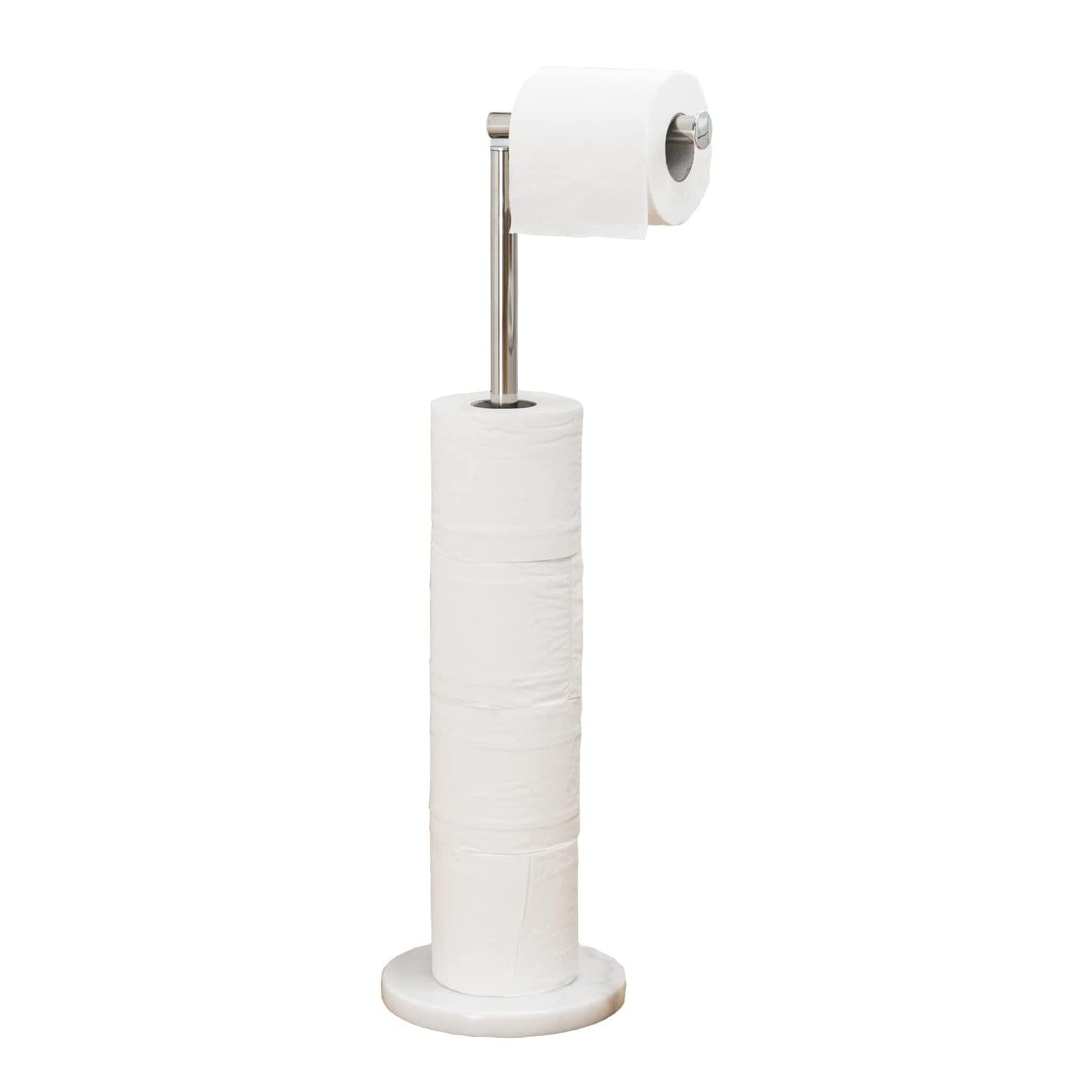 Songtec Free Standing Toilet Paper Holder Stand with Heavy Natural Marble Base - Sturdy Tissue Roll Holder for 5 Rolls (Marble Base, Brushed Nickel) - Perfect for Bathroom, Kitchen, Office & RV Organization