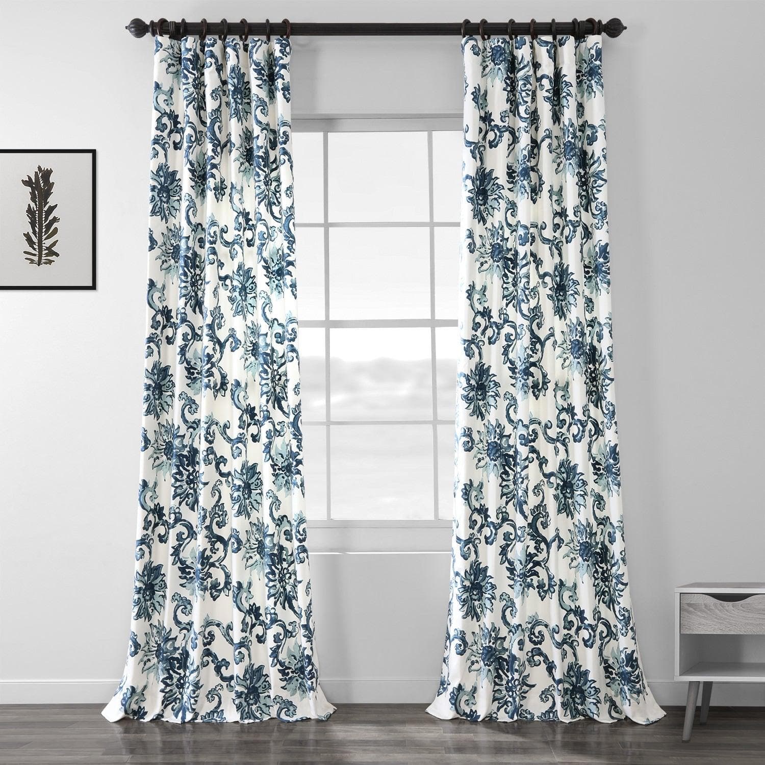 Indonesian Blue Floral Printed Cotton Blackout Curtains for Bedroom & Living Room - Light Blocking Window Drapes for Home Decor