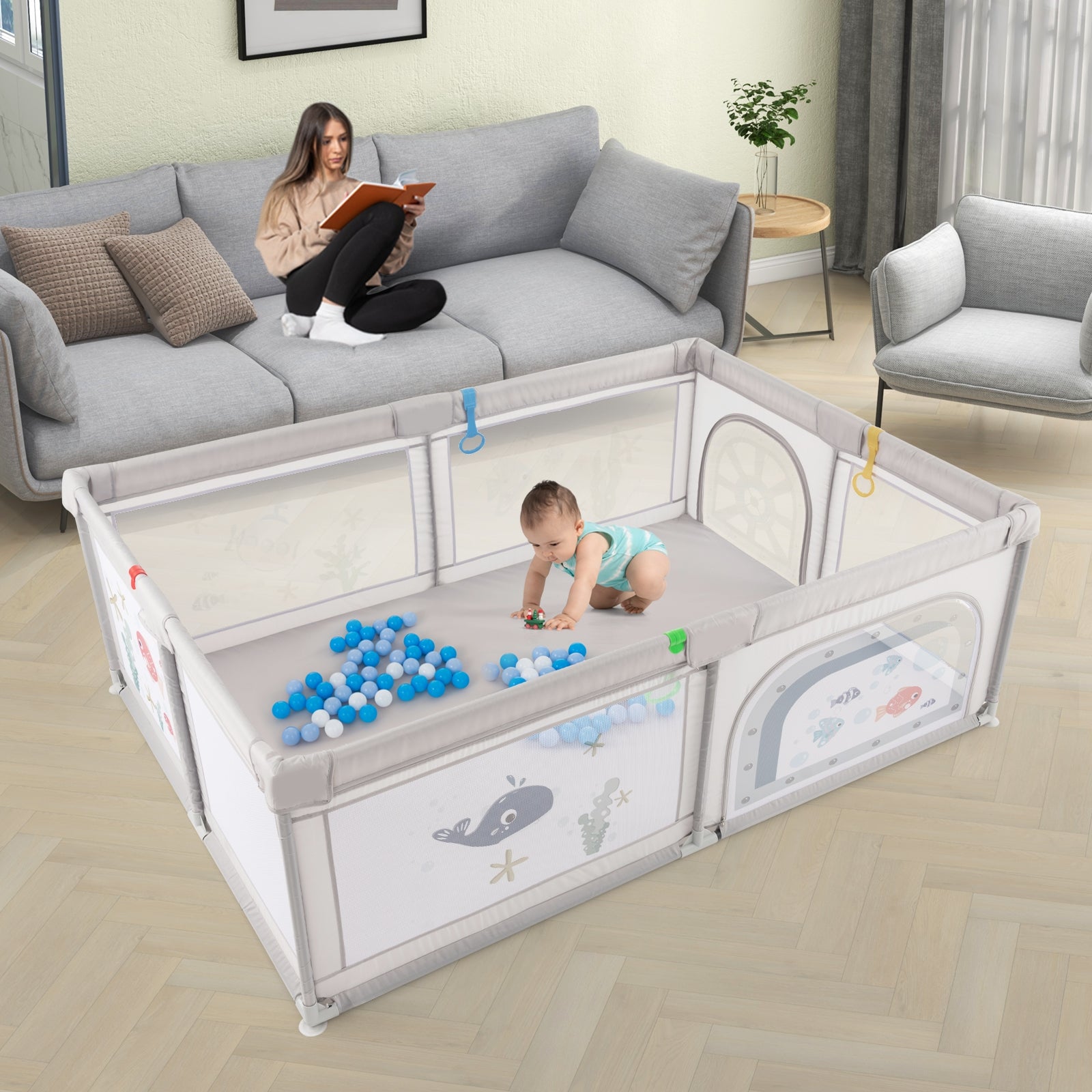 Large Baby Playpen with Pull Rings, Ocean Balls & Cute Whale Pattern - Safe Play Area for Toddlers & Infants - Perfect for Indoor Playrooms, Daycare Centers & Home Use