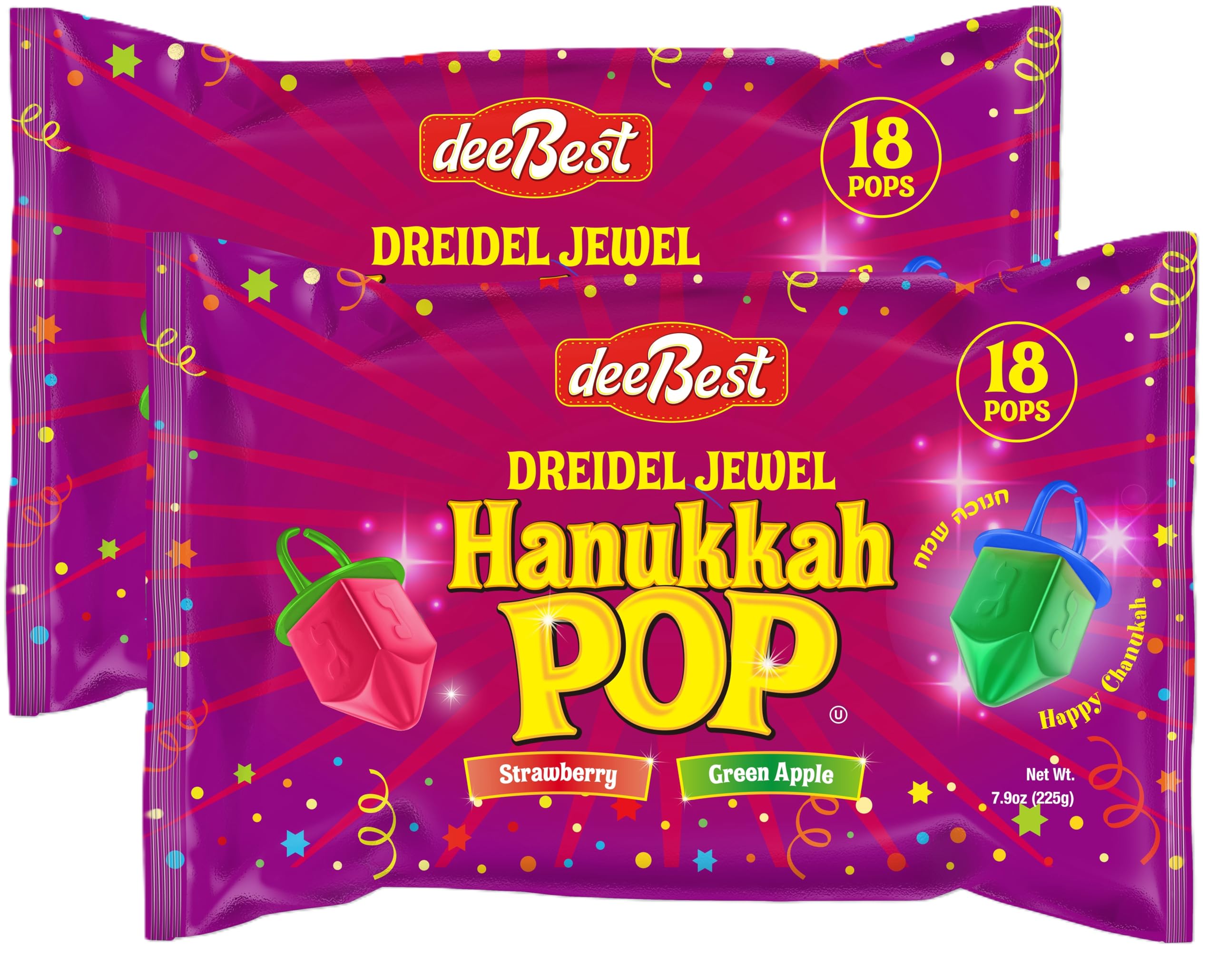 Hanukkah Dreidels Jewel Pop Ring Shape Candy - 36 Count Individually Wrapped Kosher Candy with Green Apple & Strawberry Flavors | Hanukah Party Favors, Kids Gifts & Holiday Decorations | Perfect for Classroom Celebrations, Gift Exchanges & Festival Treats