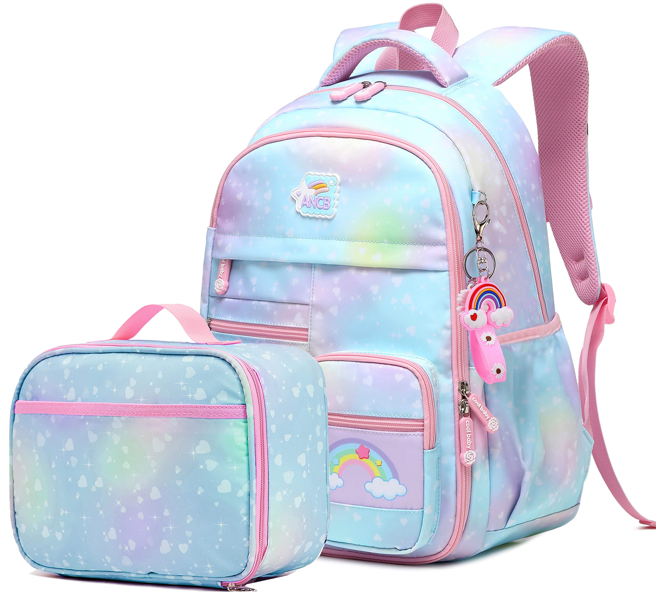 **Wraifa Girls Backpack with Lunch Box Set - Rainbow Princess Bookbag for Elementary School, Lightweight & Durable Mochilas Para Niñas (Heart Blue) - Perfect for School, Travel & Daily Use**