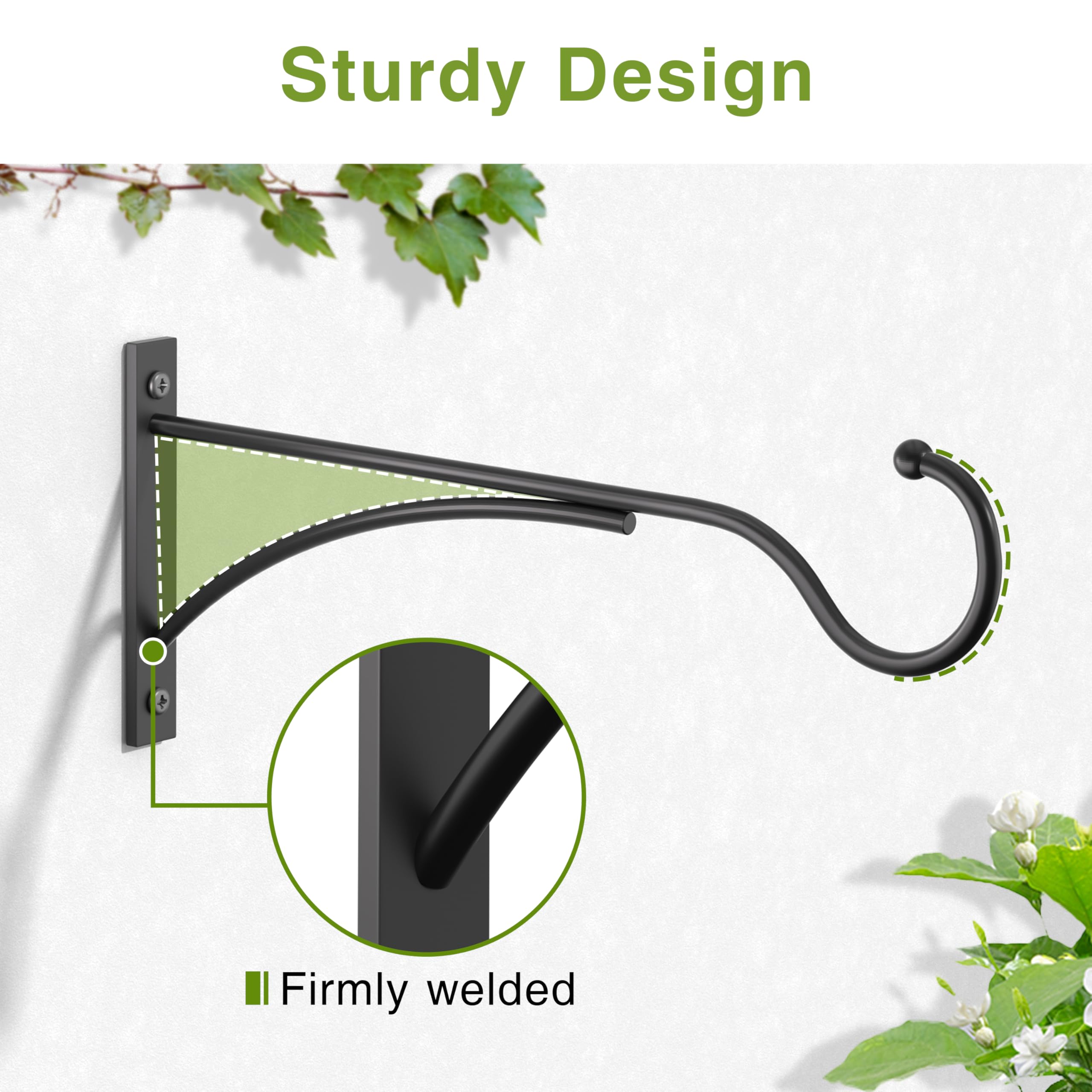 11 Inch Black Metal Wall Hooks for Hanging Baskets - Heavy Duty Outdoor Plant Hangers for Bird Feeders, Wind Chimes, Flower Pots & Lanterns (2 Pack) - Perfect for Garden, Patio & Home Decor