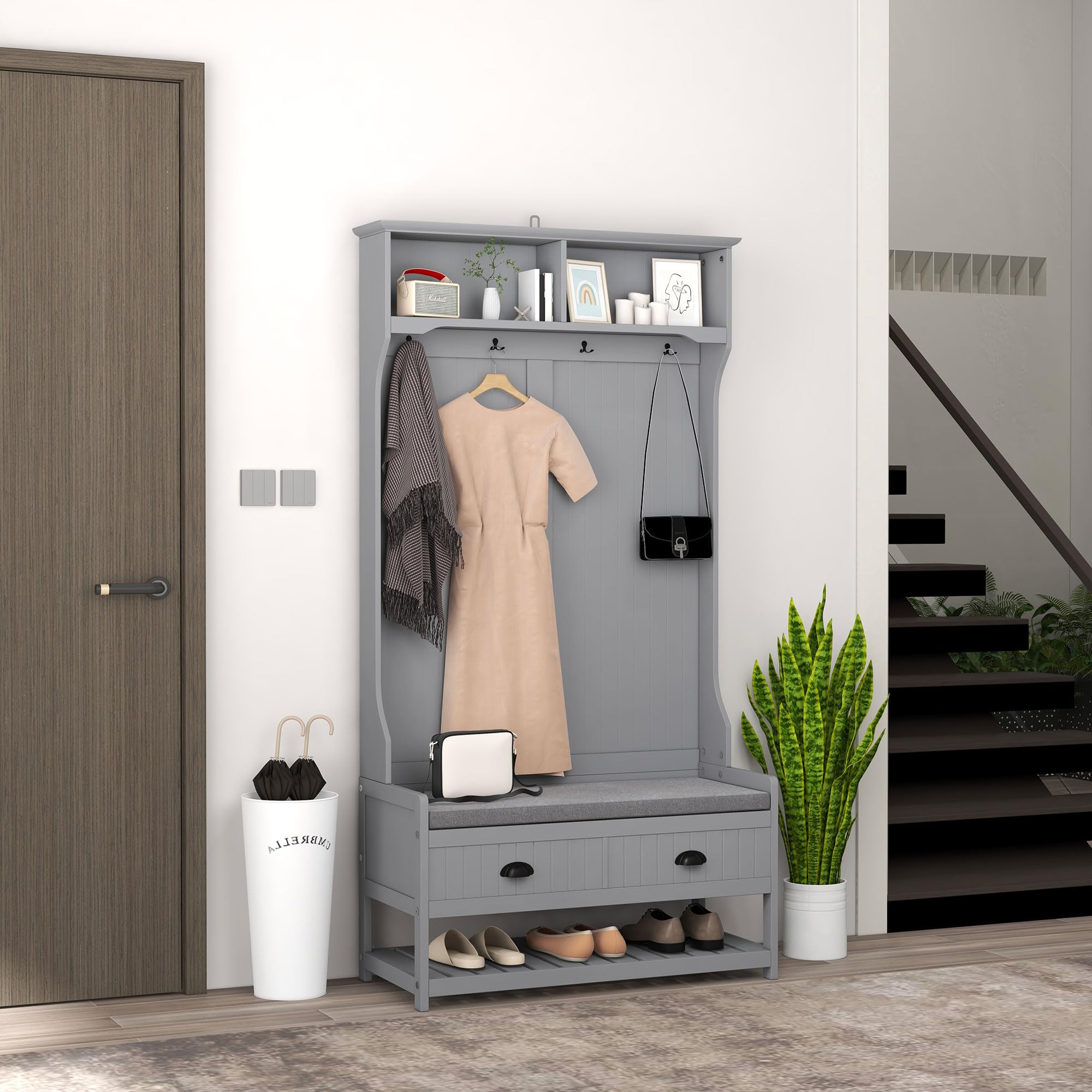 HOMCOM 3-in-1 Hall Tree Entryway Bench with Coat Rack & Shoe Storage | Mudroom Bench with 2 Drawers, 4 Hooks & Cushioned Seat | Perfect for Hallway, Entryway or Foyer Organization | Space-Saving Gray Furniture for Home & Apartment